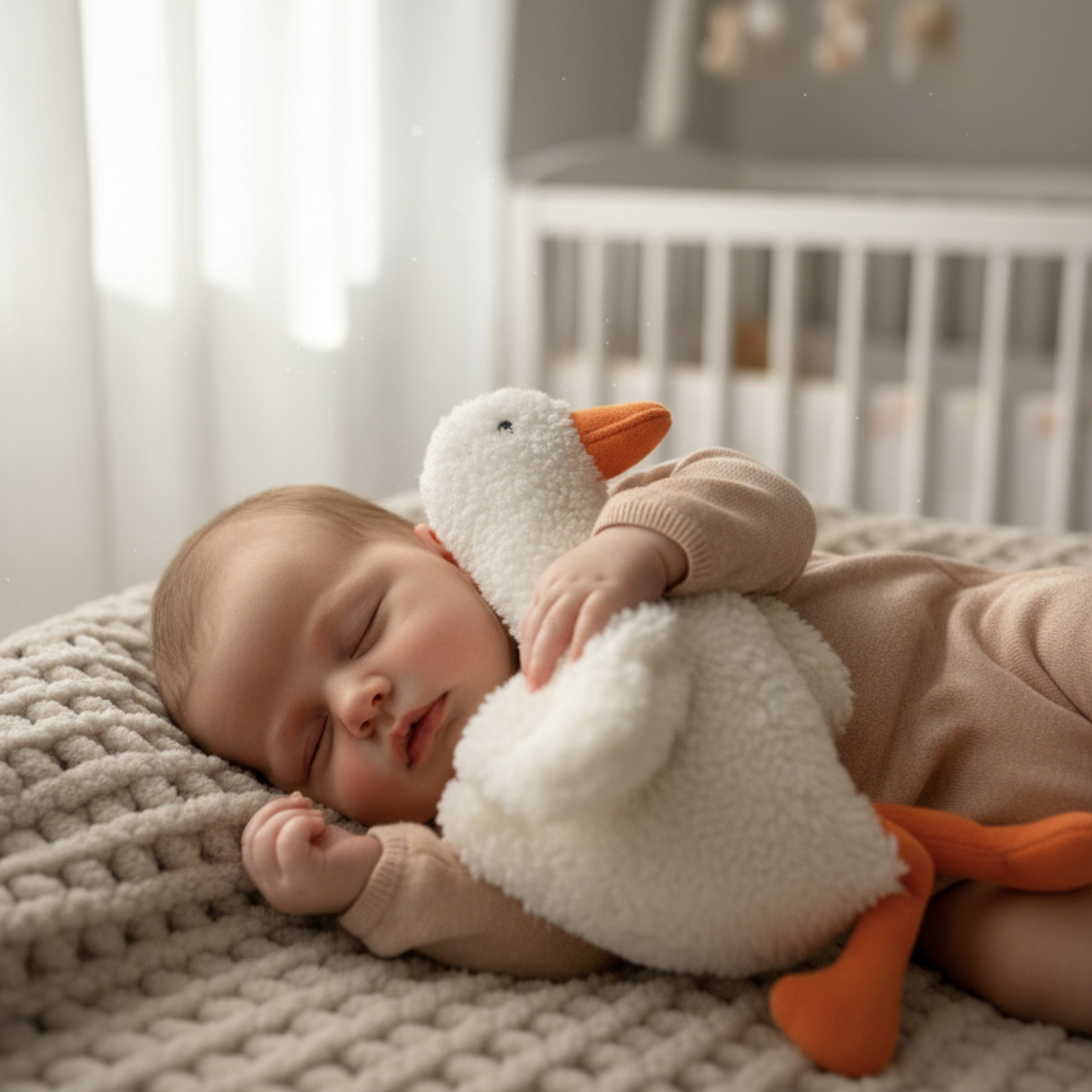 A baby peacefully sleeping while hugging Duffy the Duck Sleep Companion — a soft handmade plush duck that offers warmth, safety, and gentle comfort for bedtime.