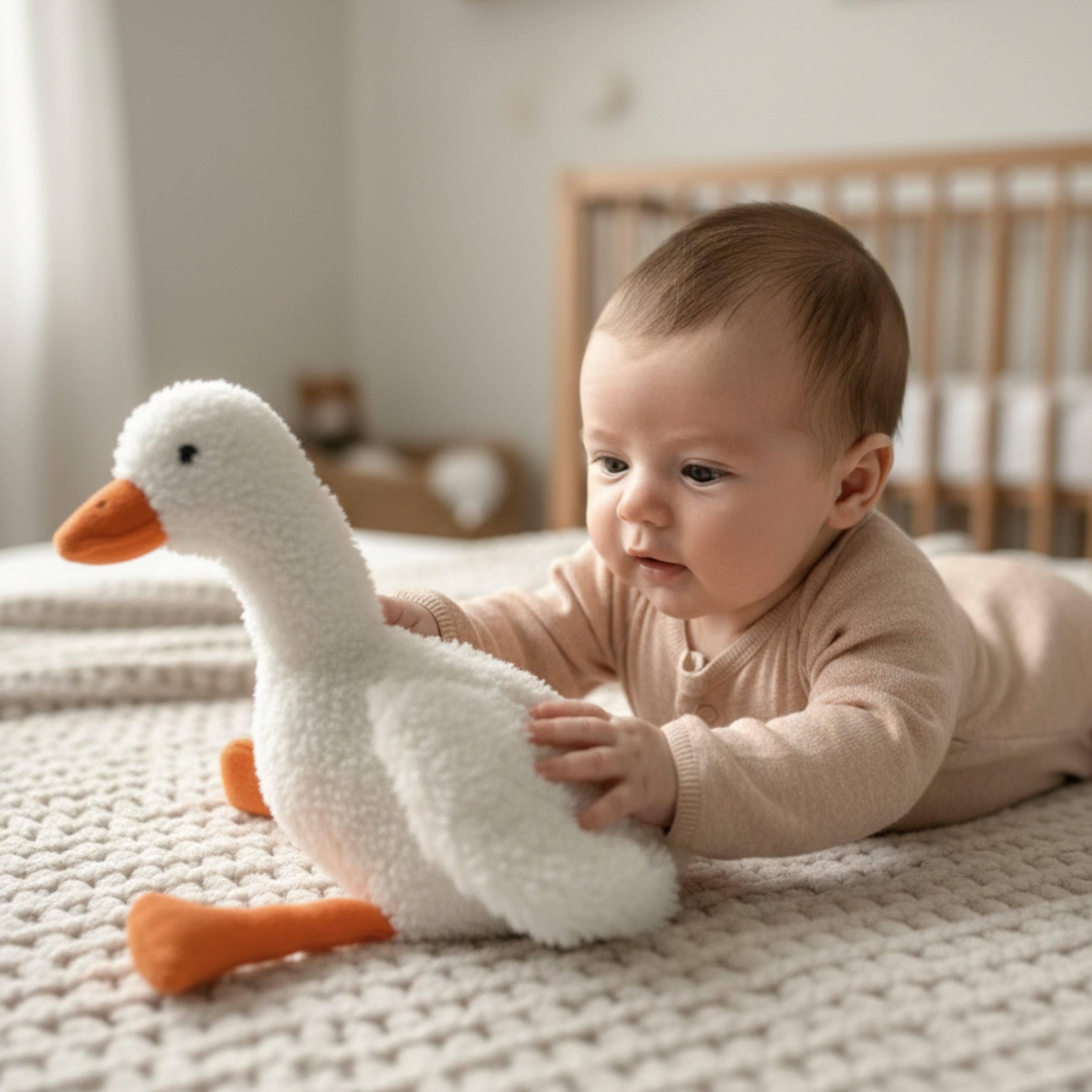A baby lying on a knitted blanket, gently touching Duffy the Duck Sleep Companion — a handcrafted plush duck that nurtures calm curiosity and sensory comfort.