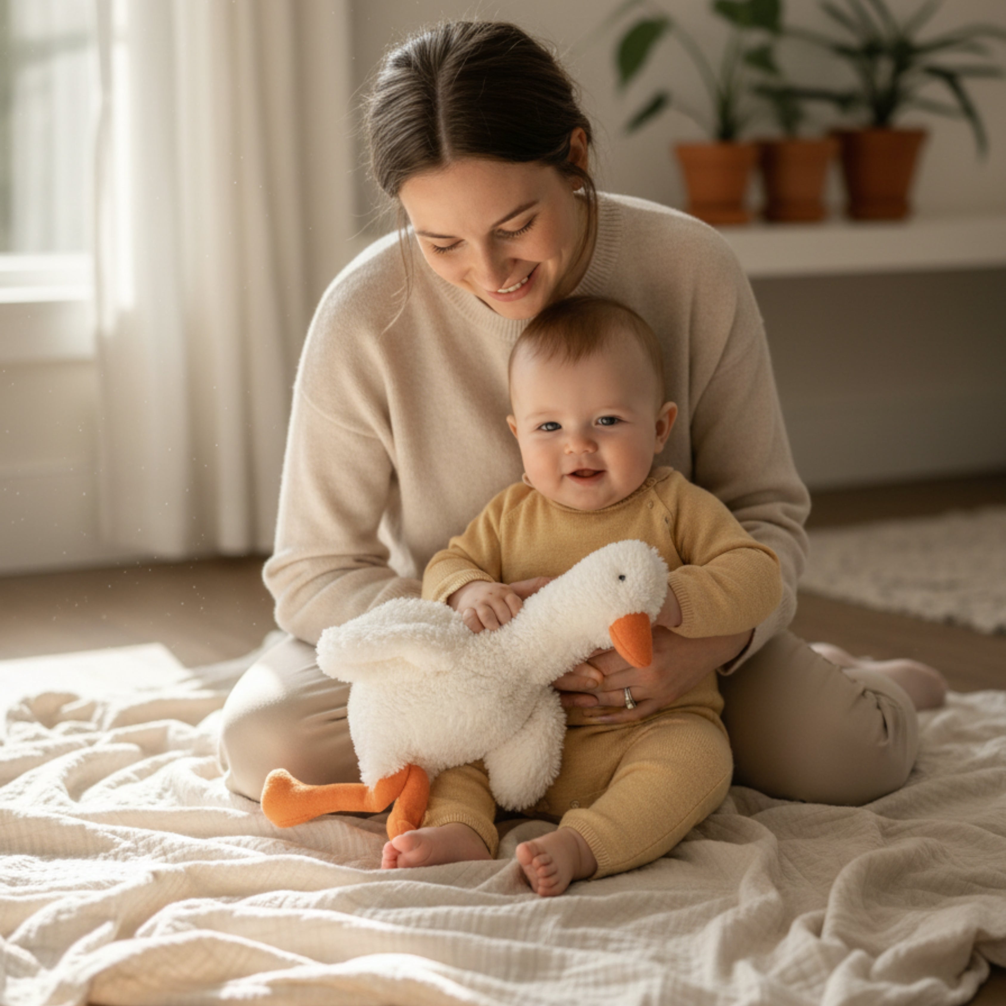 A baby sitting on a soft blanket with Duffy the Duck Sleep Companion, held gently by a parent — a handmade plush duck designed to bring warmth, comfort, and calm connection.