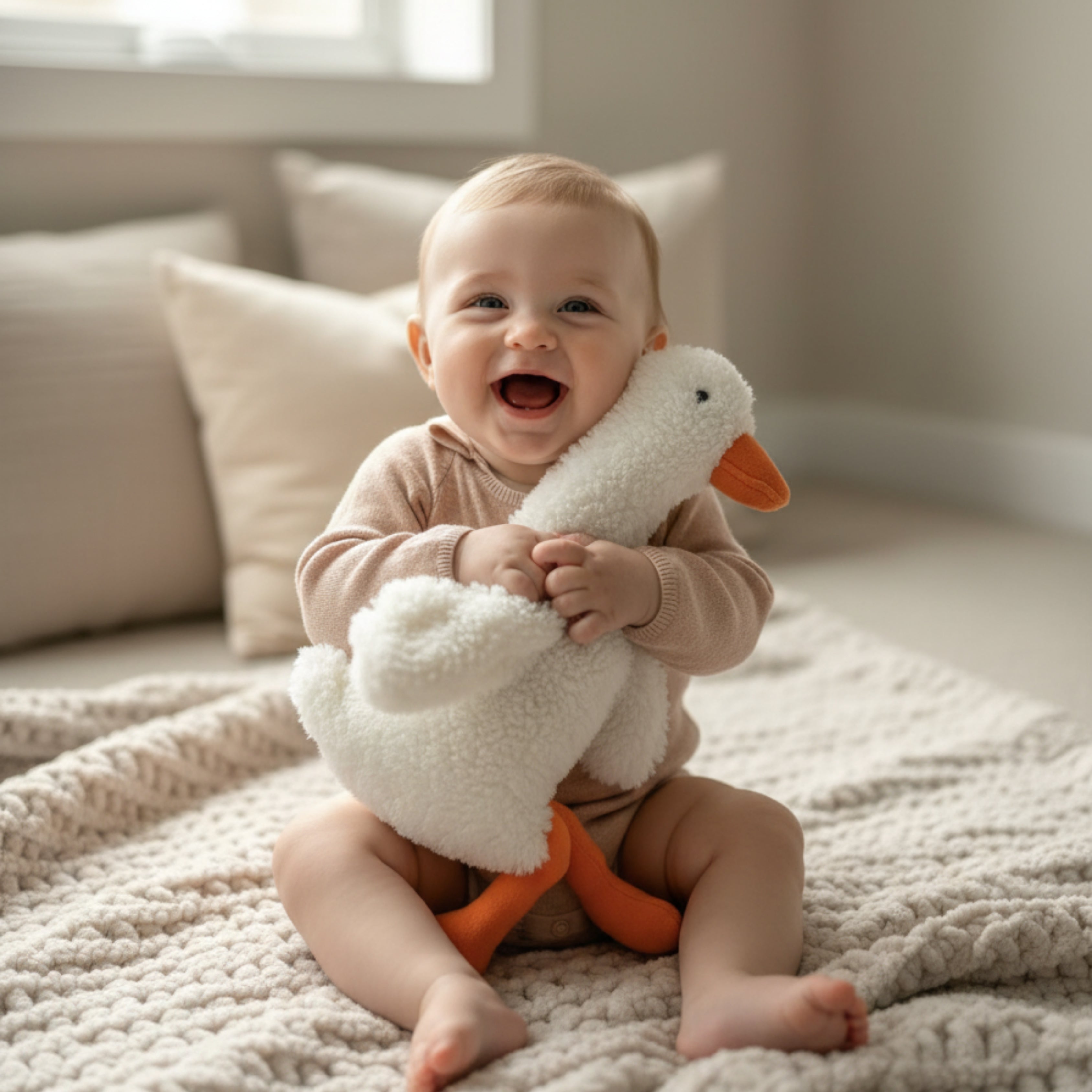 A baby laughing joyfully while hugging Duffy the Duck Sleep Companion — a handmade plush duck that brings comfort, calm, and cheerful connection.