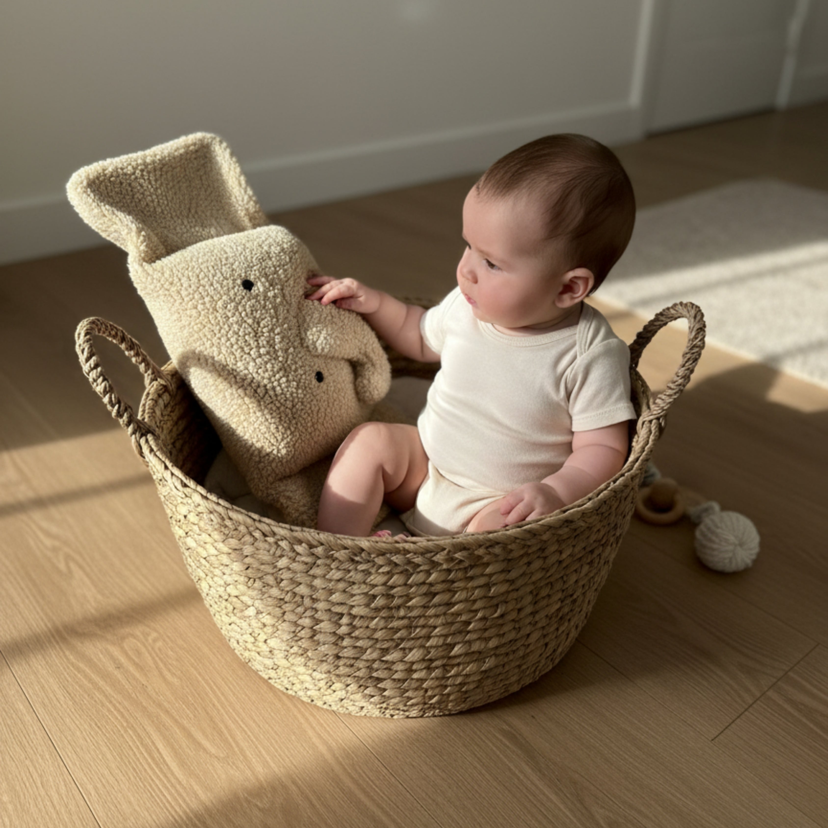 A baby sitting in a woven basket, gently touching Ellie the Elephant Sleep Companion — a handcrafted plush elephant symbolizing warmth, calm, and tactile connection.