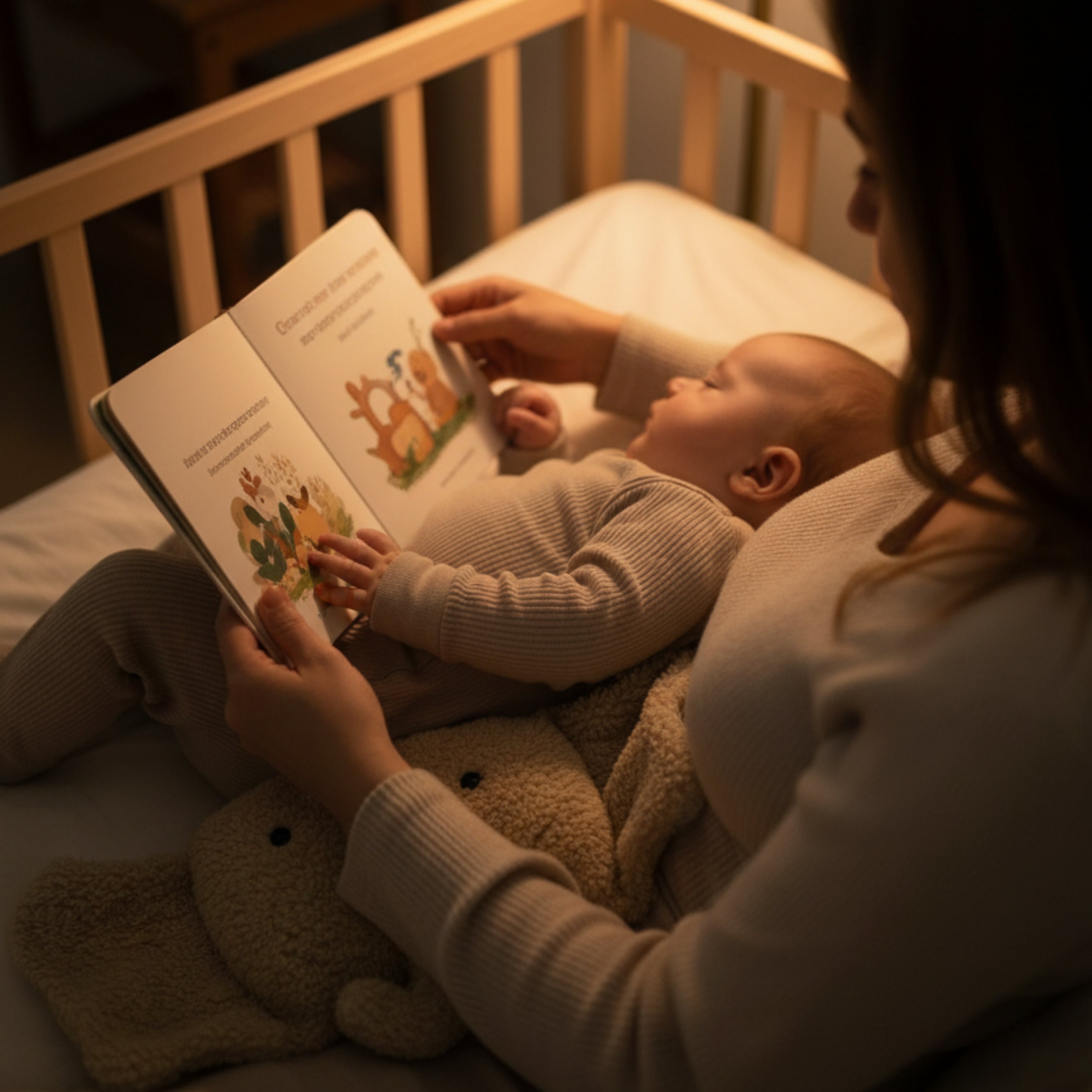 A mother reading a bedtime story to her baby resting on Ellie the Elephant Sleep Companion — a handcrafted plush elephant representing warmth, comfort, and bedtime connection.