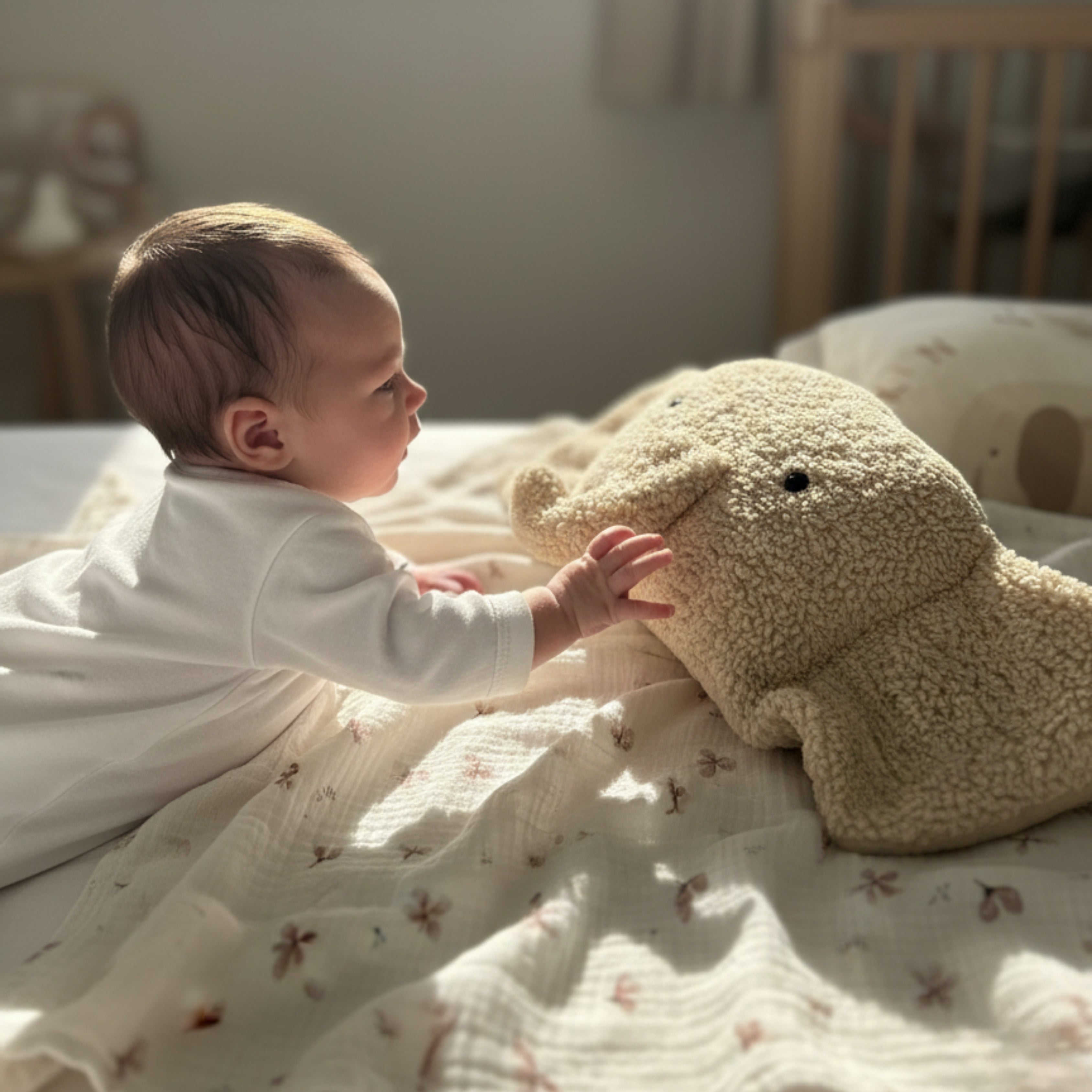 A baby reaching out to touch Ellie the Elephant Sleep Companion — a handcrafted plush elephant symbolizing calm connection and gentle discovery.