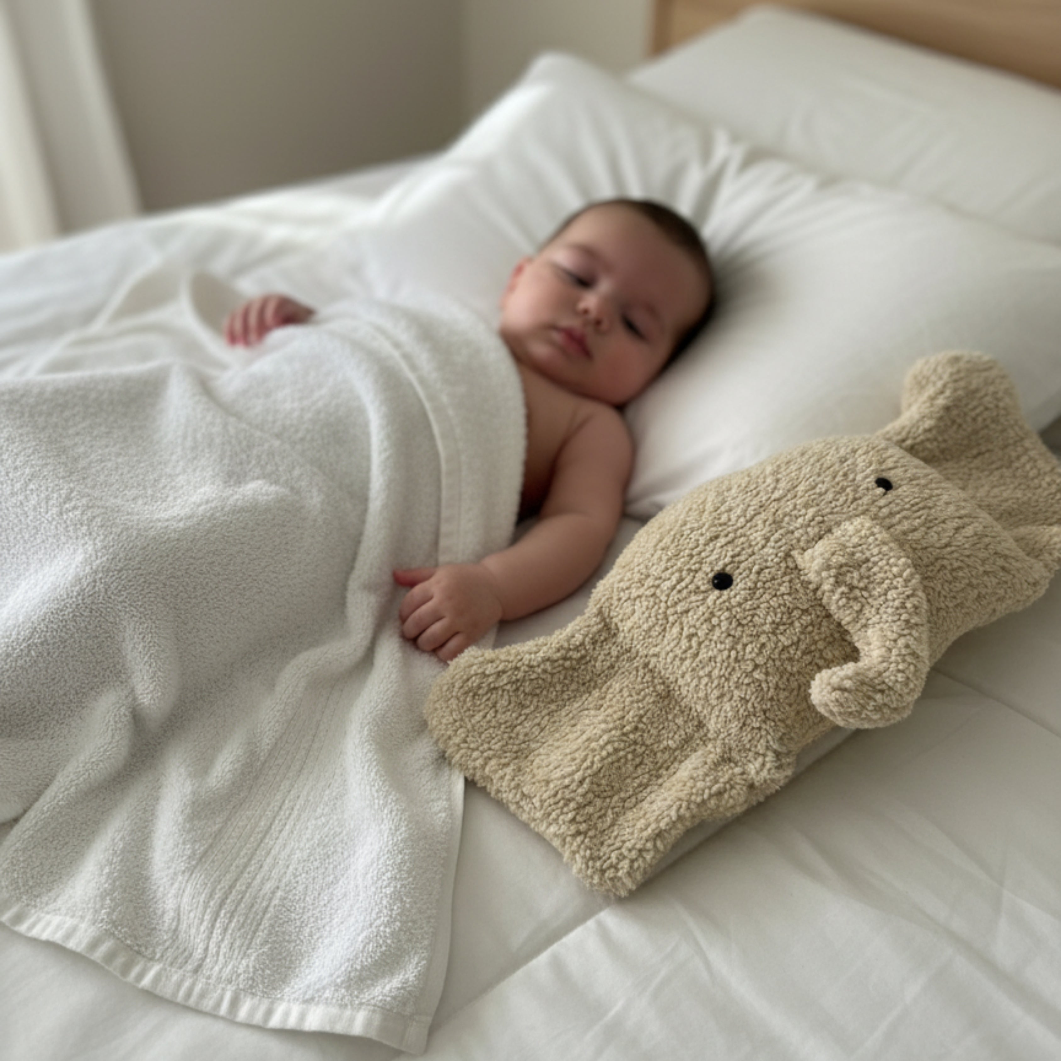 A sleeping baby lying beside Ellie the Elephant Sleep Companion — a handcrafted plush elephant offering calm comfort and gentle sleep support.