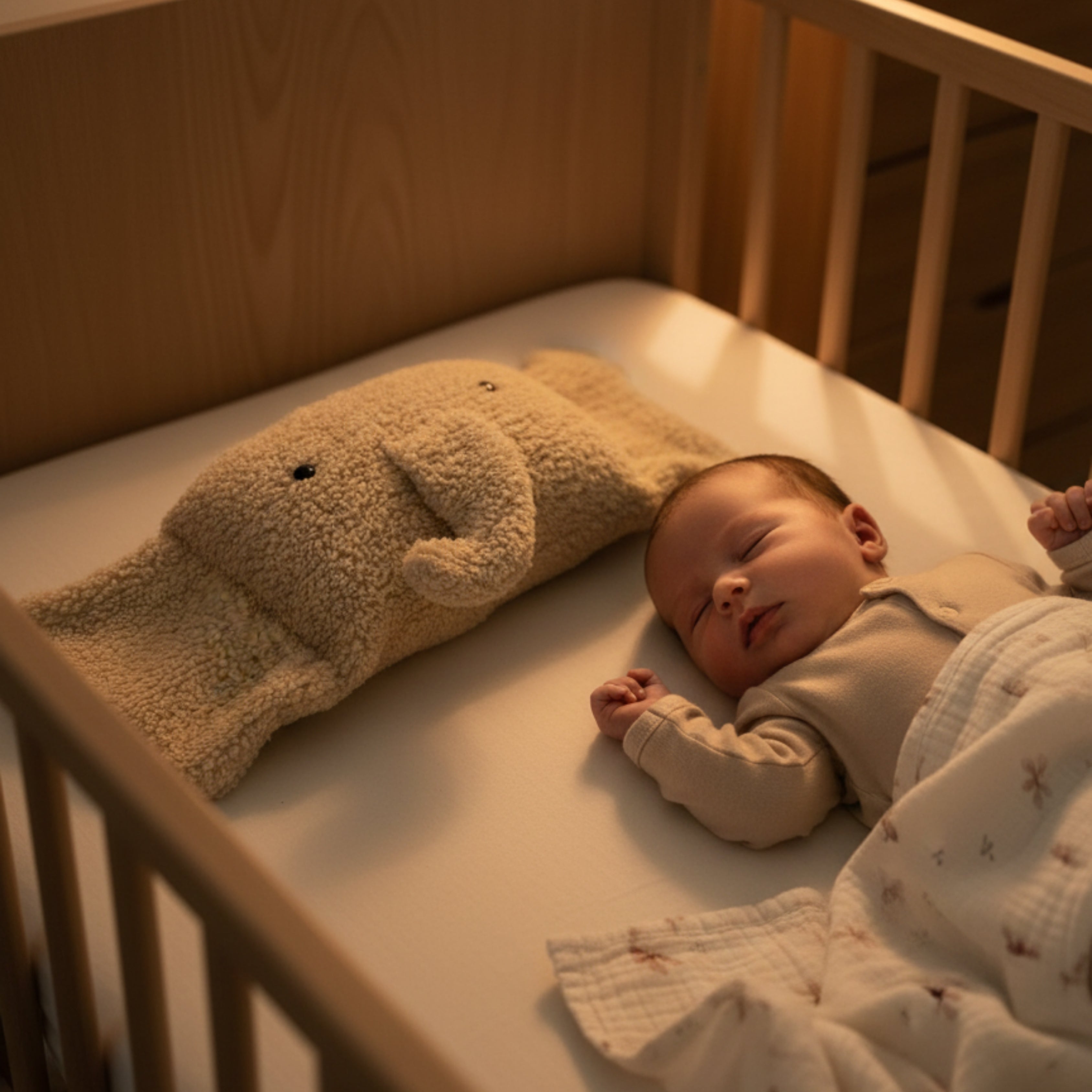 A baby peacefully sleeping beside Ellie the Elephant Sleep Companion — a handmade plush elephant symbolizing curiosity, calm, and gentle comfort.
