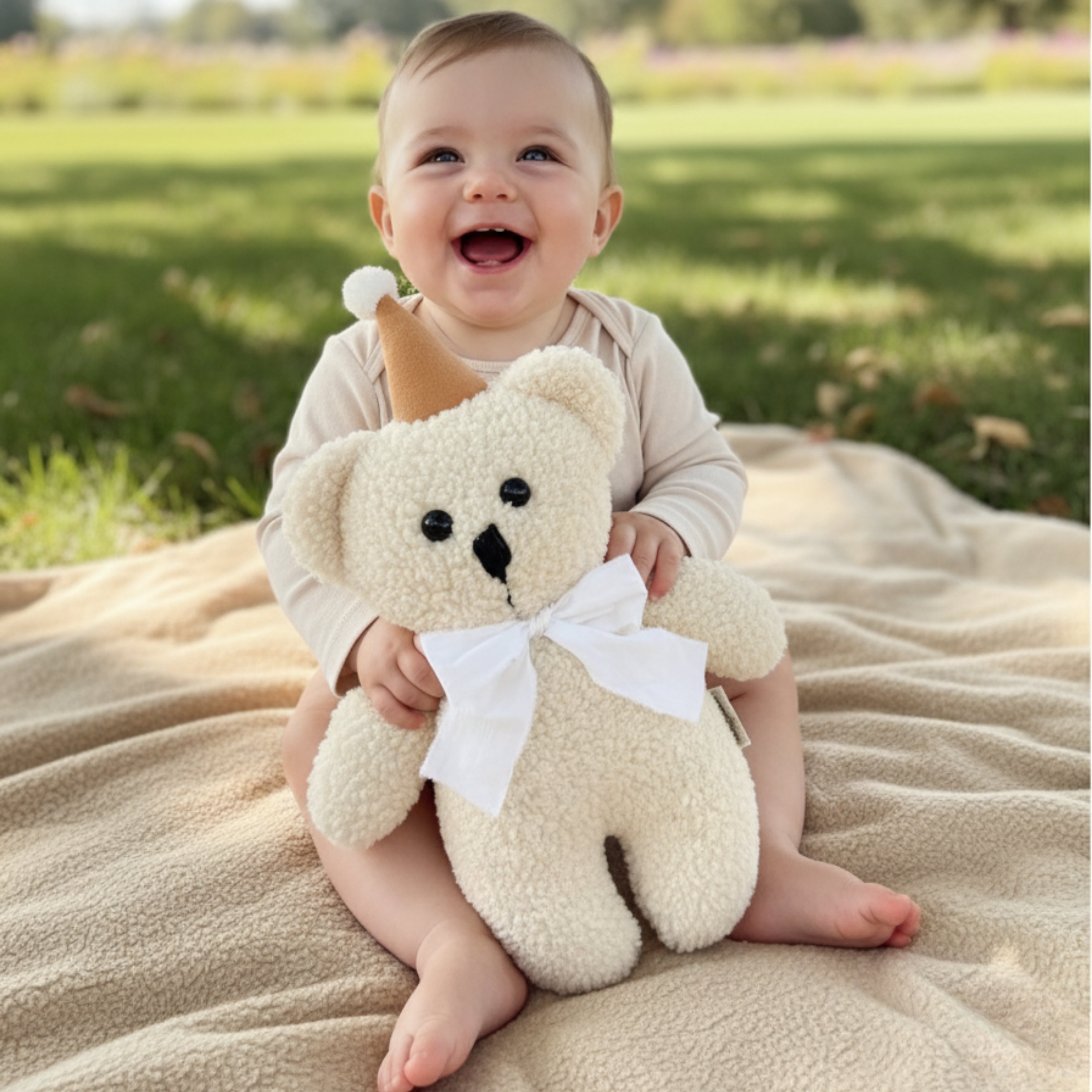 A happy baby sitting on a blanket outdoors, holding Honey the Bear Sleep Companion — an organic plush that nurtures joy, comfort, and emotional security.