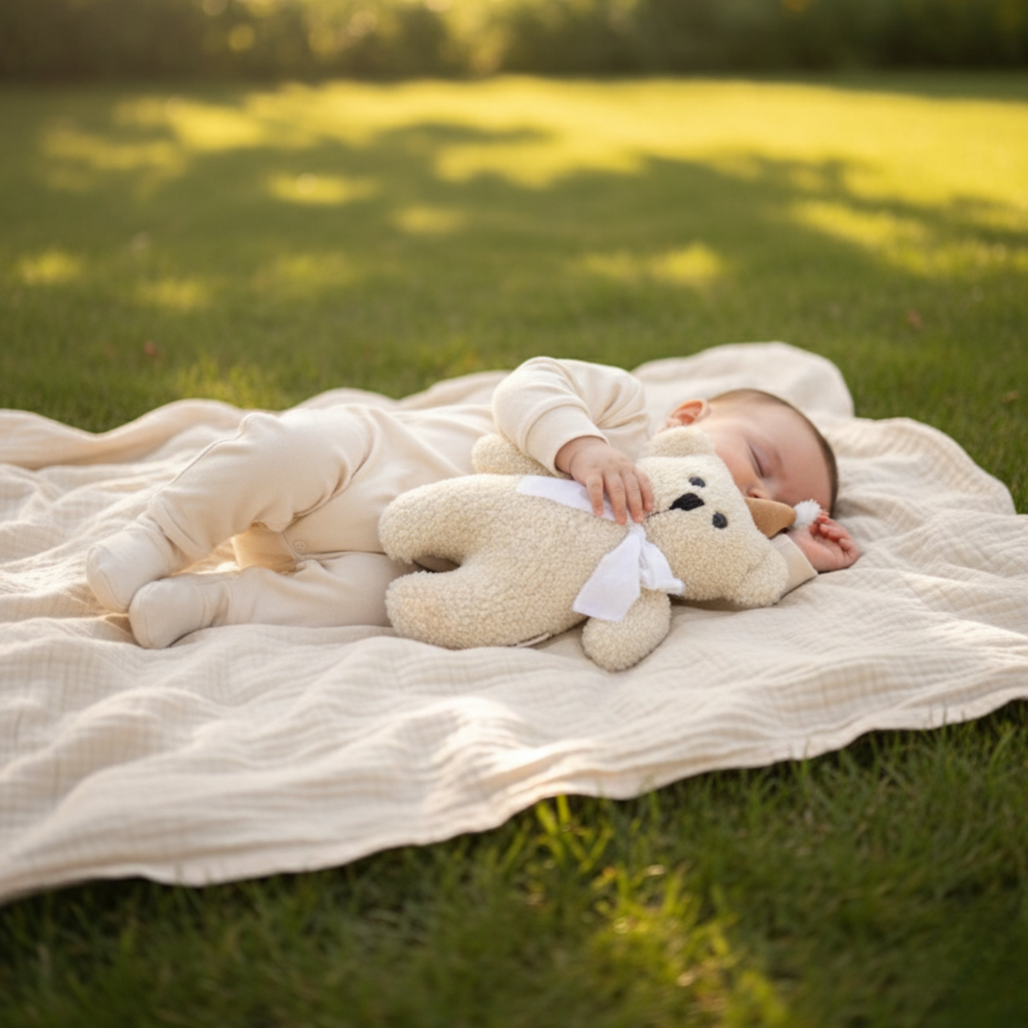 A baby peacefully napping outdoors on a soft blanket while cuddling Honey the Bear Sleep Companion — an organic plush that provides comfort and calm even during outdoor rest.
