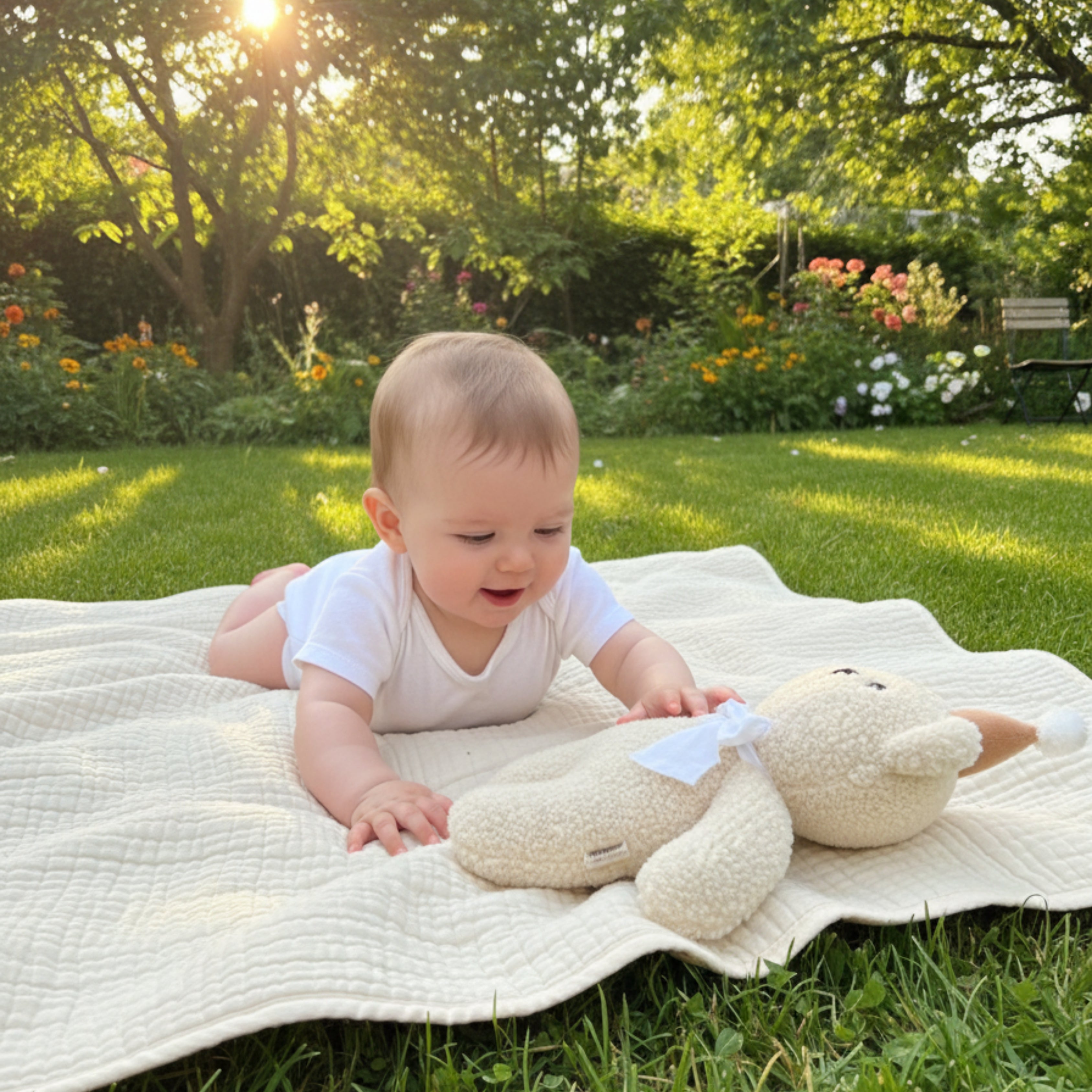 A baby playing on a soft blanket in the garden with Honey the Bear Sleep Companion — an organic plush that encourages calm curiosity and emotional connection.