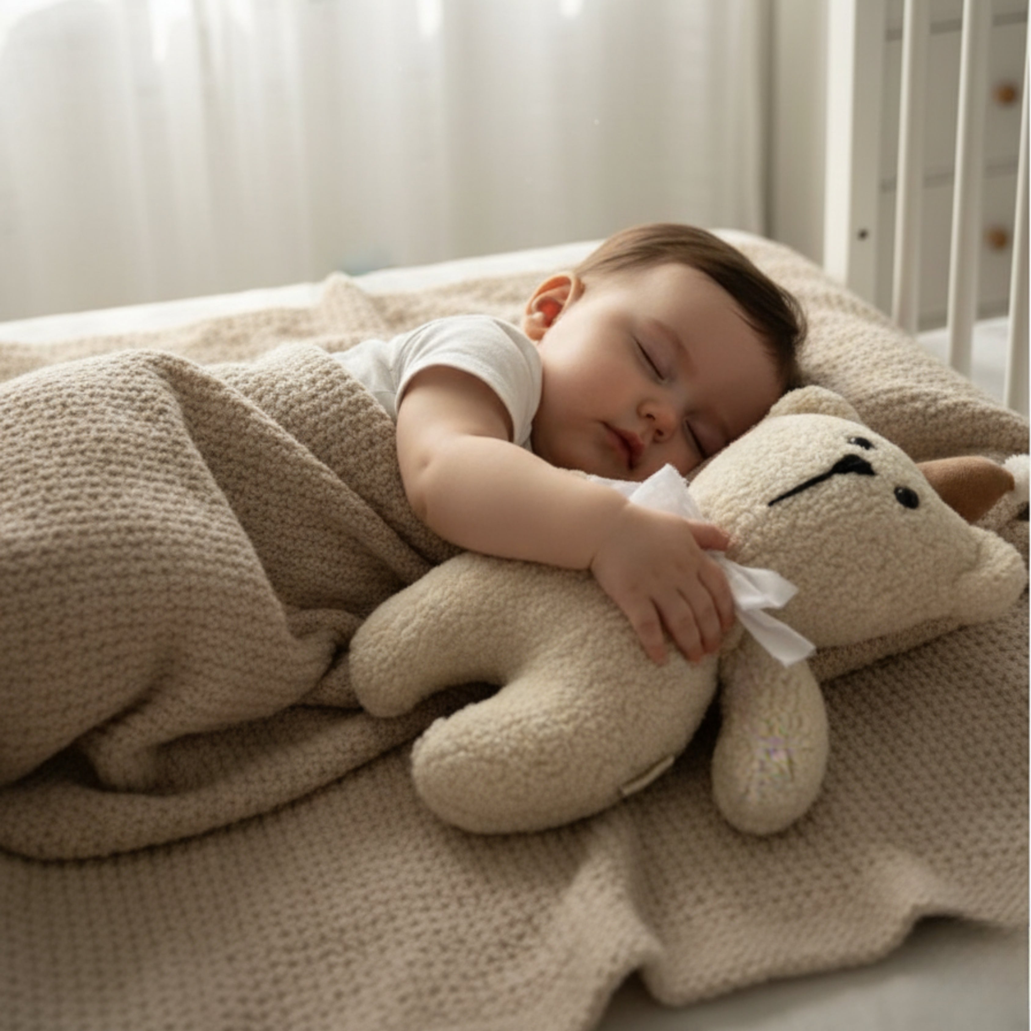 A baby peacefully sleeping while cuddling Honey the Bear Sleep Companion — an organic plush designed to soothe, comfort, and support restful baby sleep.