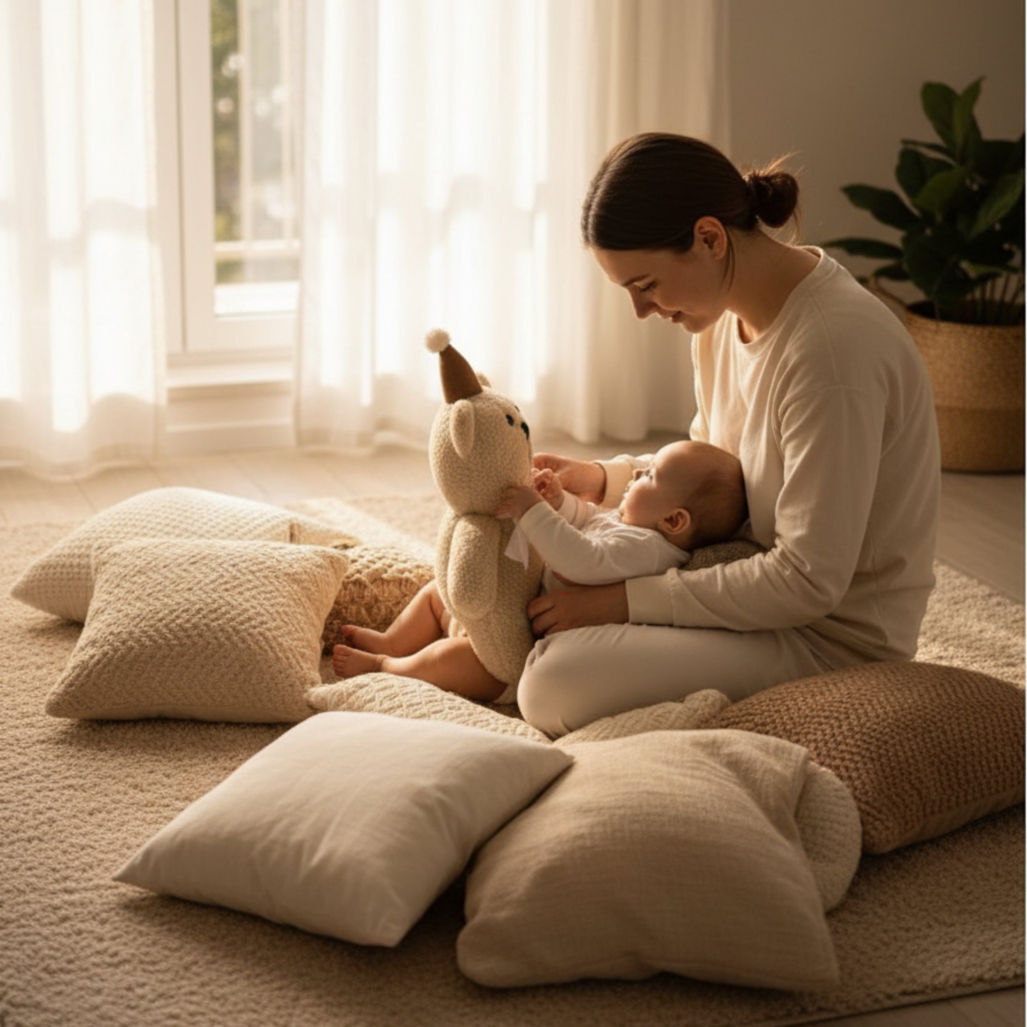 A mother gently holding her baby who reaches out to Honey the Bear Sleep Companion — an organic plush toy that nurtures early bonding and emotional comfort.