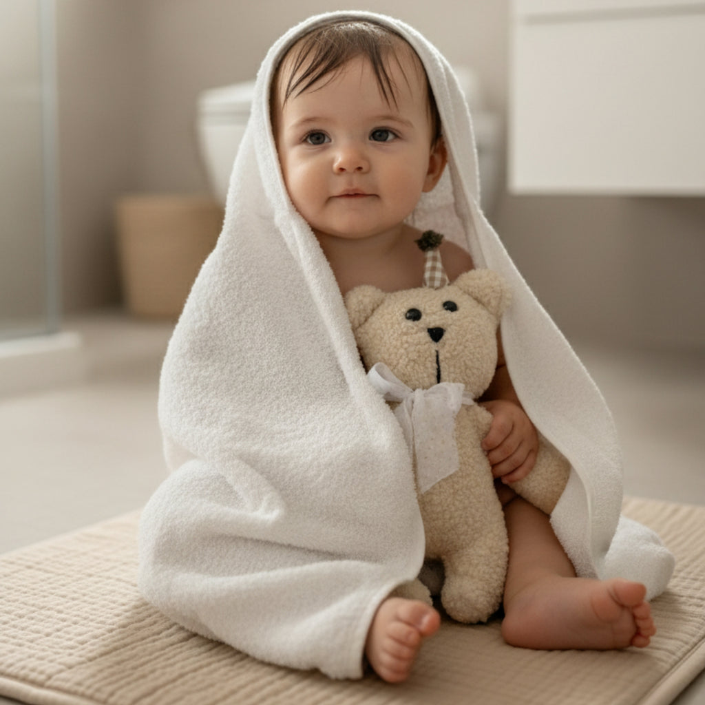 A baby wrapped in a soft towel holding Leni the Bear Sleep Companion — a handmade organic plush toy offering post-bath comfort and calm.