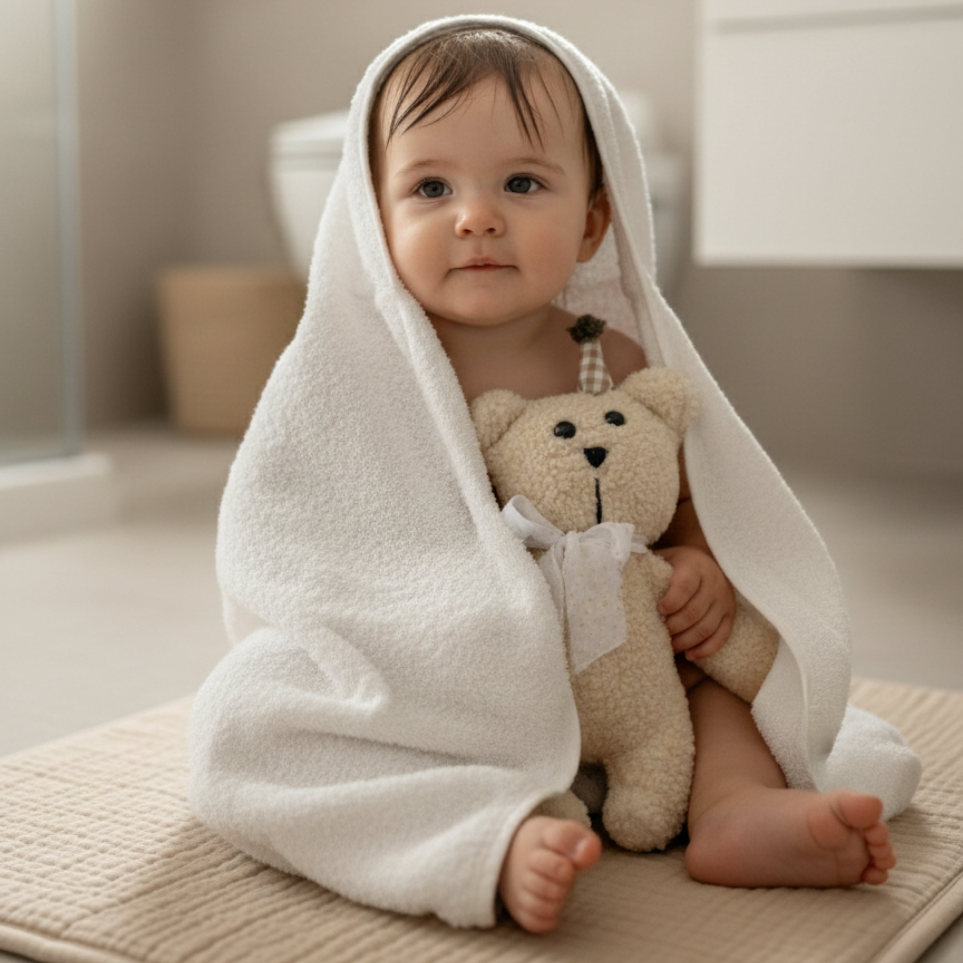A baby wrapped in a soft towel holding Leni the Bear Sleep Companion — a handmade organic plush toy offering post-bath comfort and calm.