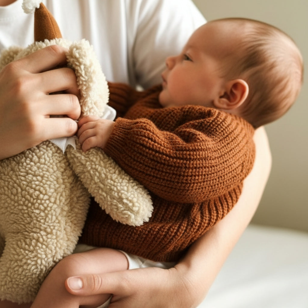 A baby gently holding Leni the Bear Sleep Companion in a parent’s arms — soft organic plush handmade for emotional comfort and connection.