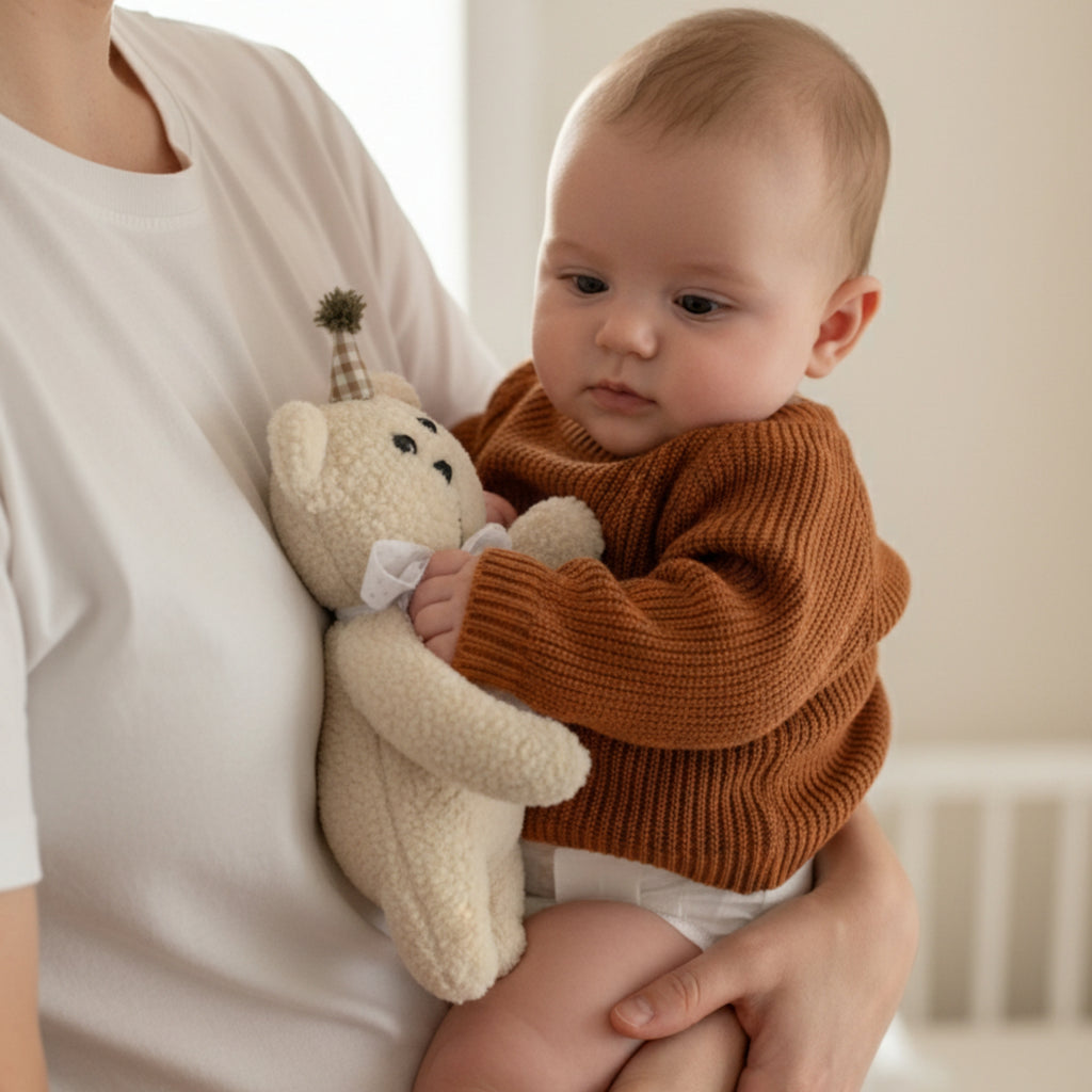 A baby being held in a parent’s arms while gently touching Leni the Bear Sleep Companion — a handmade organic plush toy designed for safe, calming connection.