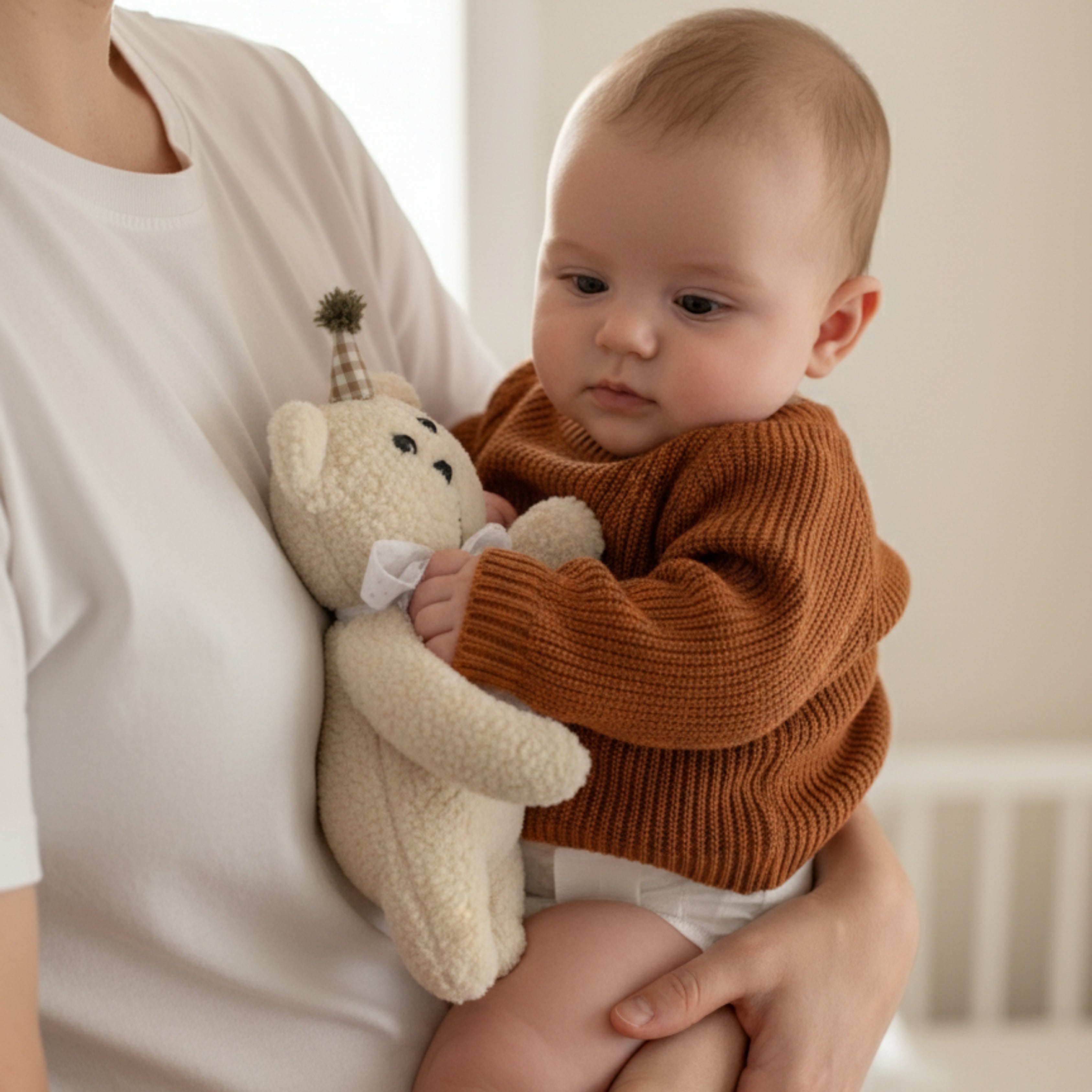 A baby being held in a parent’s arms while gently touching Leni the Bear Sleep Companion — a handmade organic plush toy designed for safe, calming connection.