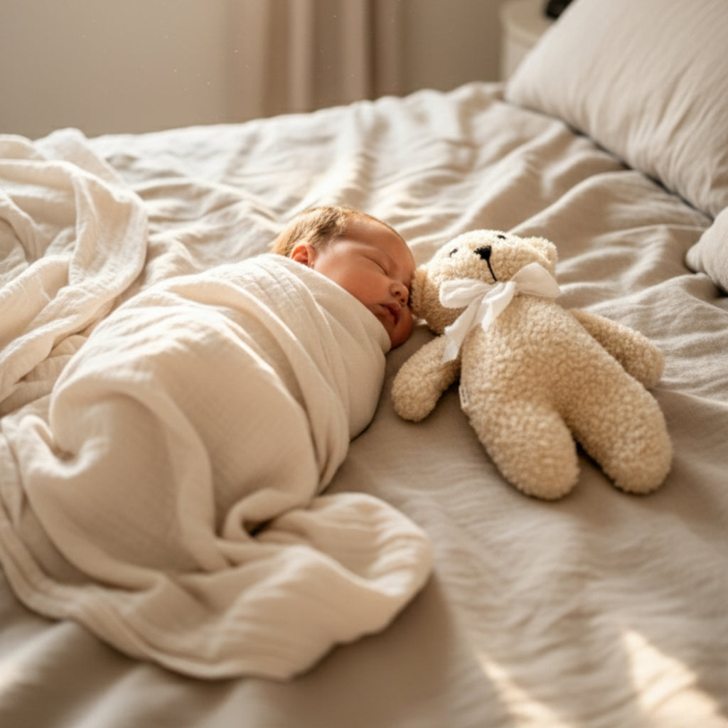 A newborn peacefully sleeping beside Leni the Bear Sleep Companion wrapped in soft organic muslin — a handmade plush toy symbolizing warmth and calm.