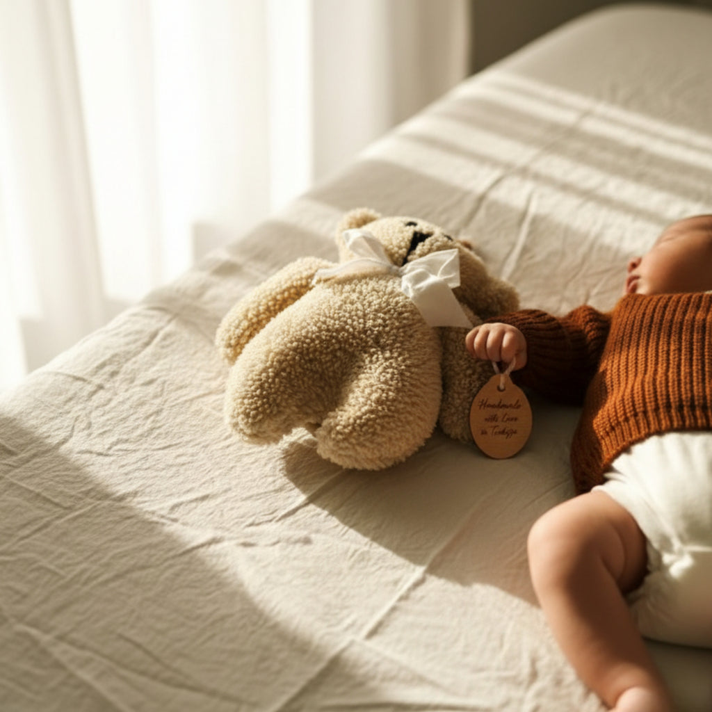 A baby gently holding Leni the Bear Sleep Companion by the tag in soft morning light — a handmade organic plush toy symbolizing safety and warmth.