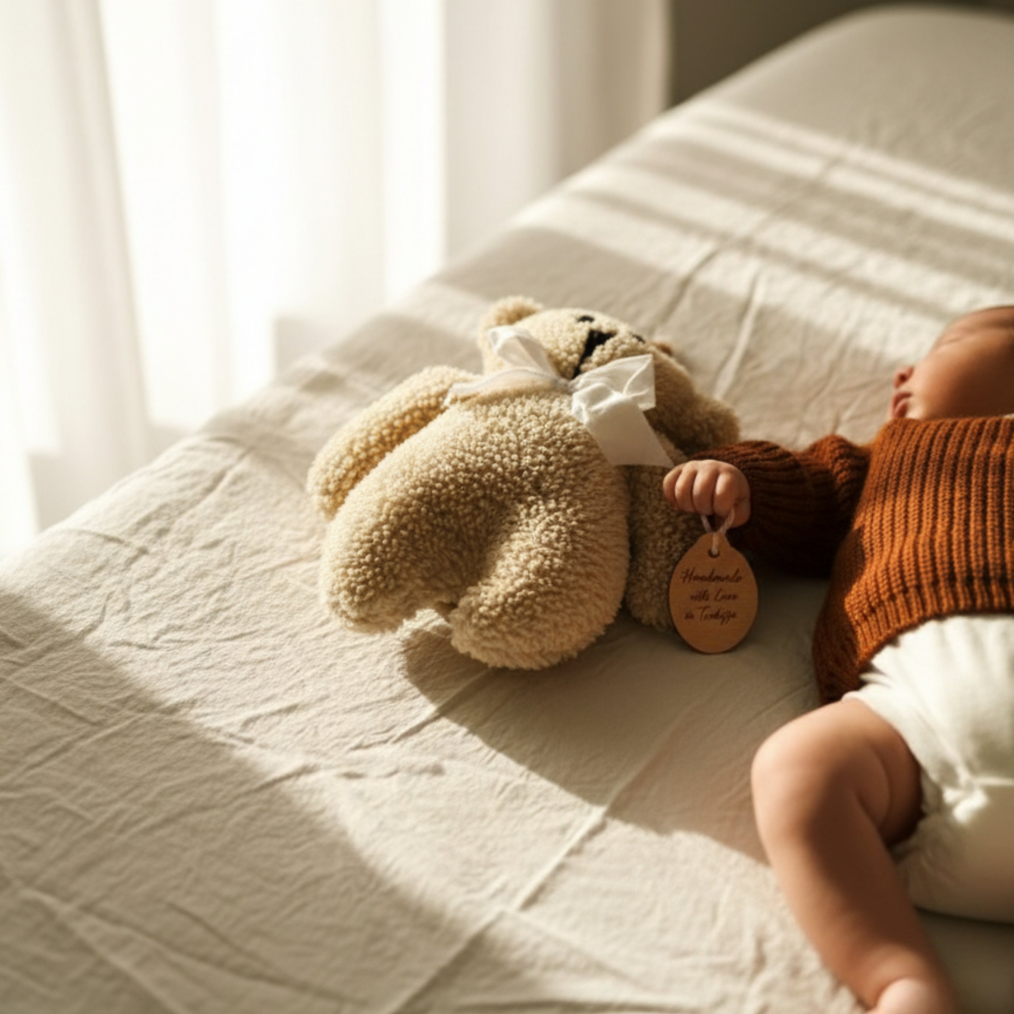 A baby gently holding Leni the Bear Sleep Companion by the tag in soft morning light — a handmade organic plush toy symbolizing safety and warmth.