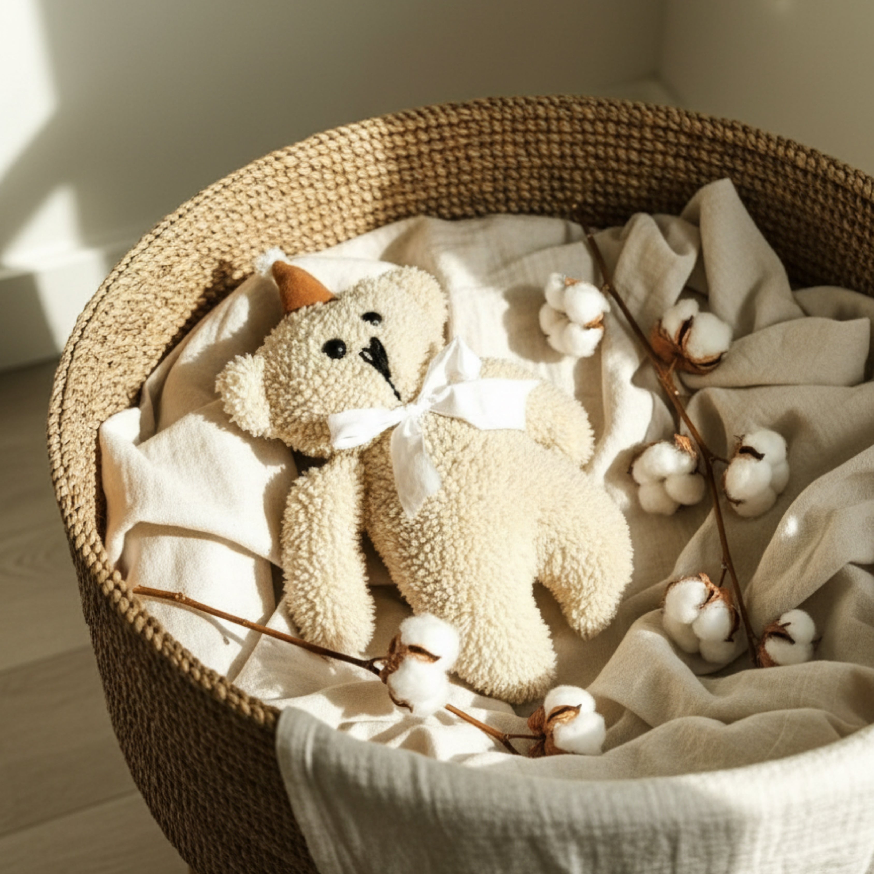 Leni the Bear Sleep Companion resting in a woven basket with cotton branches and soft natural fabrics — a handmade organic plush toy crafted for gentle baby comfort.