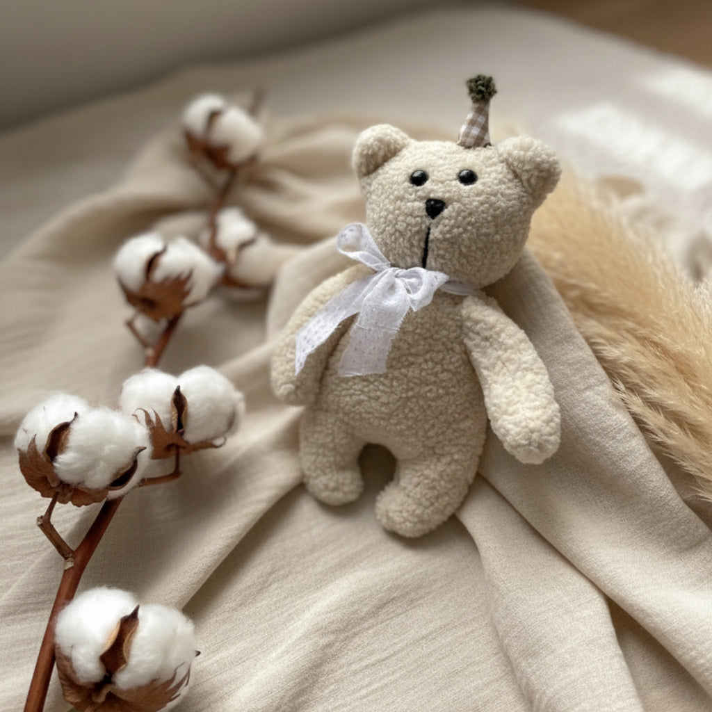 Leni the Bear Sleep Companion resting on soft organic cotton fabric with cotton branches — a handcrafted OEKO-TEX certified plush toy made for gentle comfort.