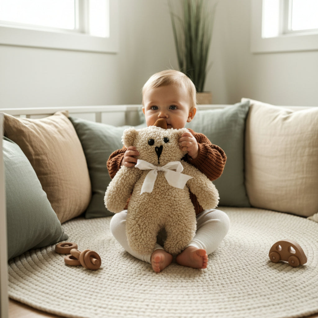 A baby sitting on a soft rug, holding Leni the Bear Sleep Companion — a handmade organic plush bear designed for calm comfort and gentle cuddles.