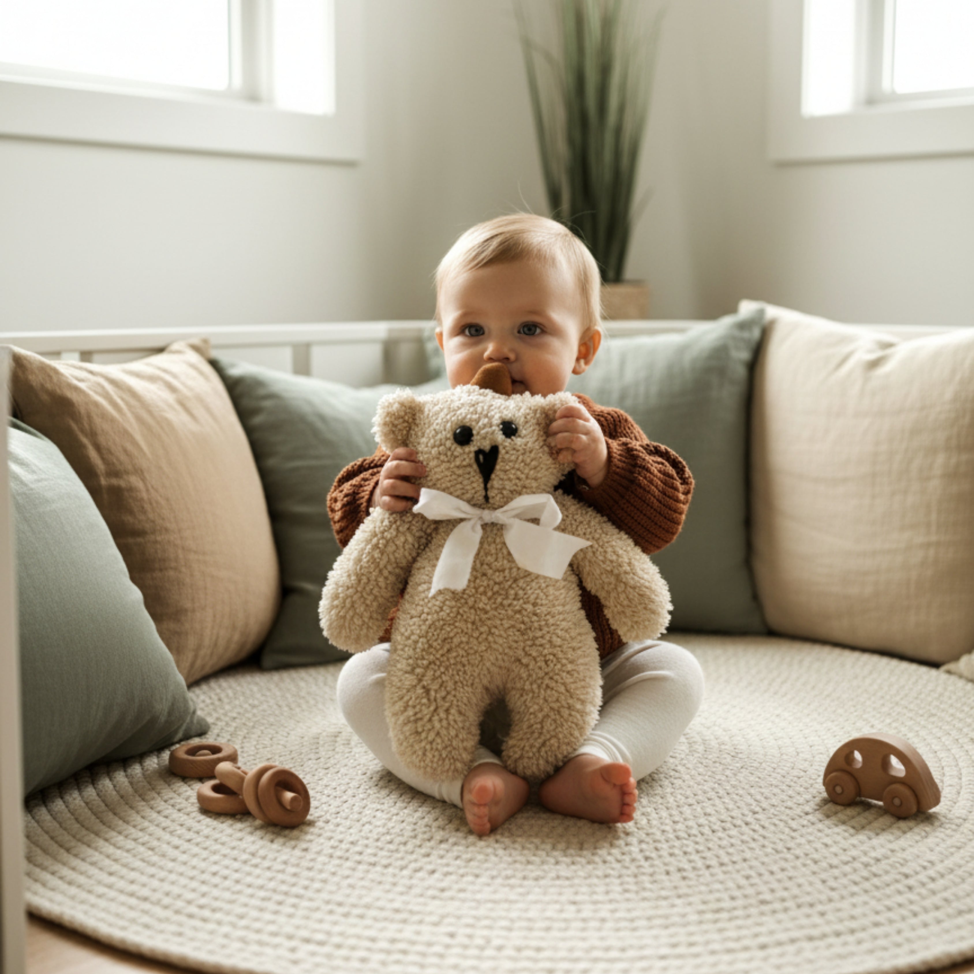 A baby sitting on a soft rug, holding Leni the Bear Sleep Companion — a handmade organic plush bear designed for calm comfort and gentle cuddles.