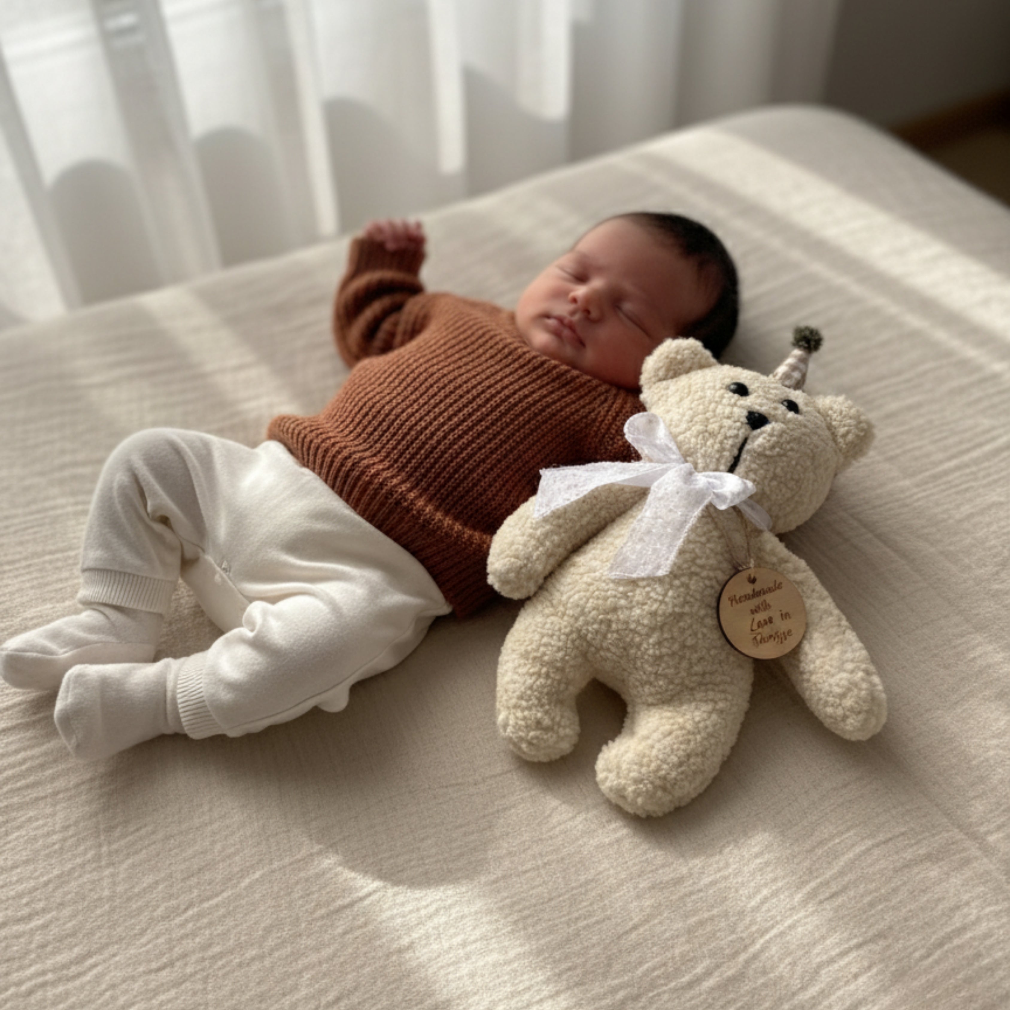 A sleeping baby in a soft brown sweater resting beside Leni the Bear Sleep Companion — a handcrafted organic plush toy symbolizing calm and gentle comfort.
