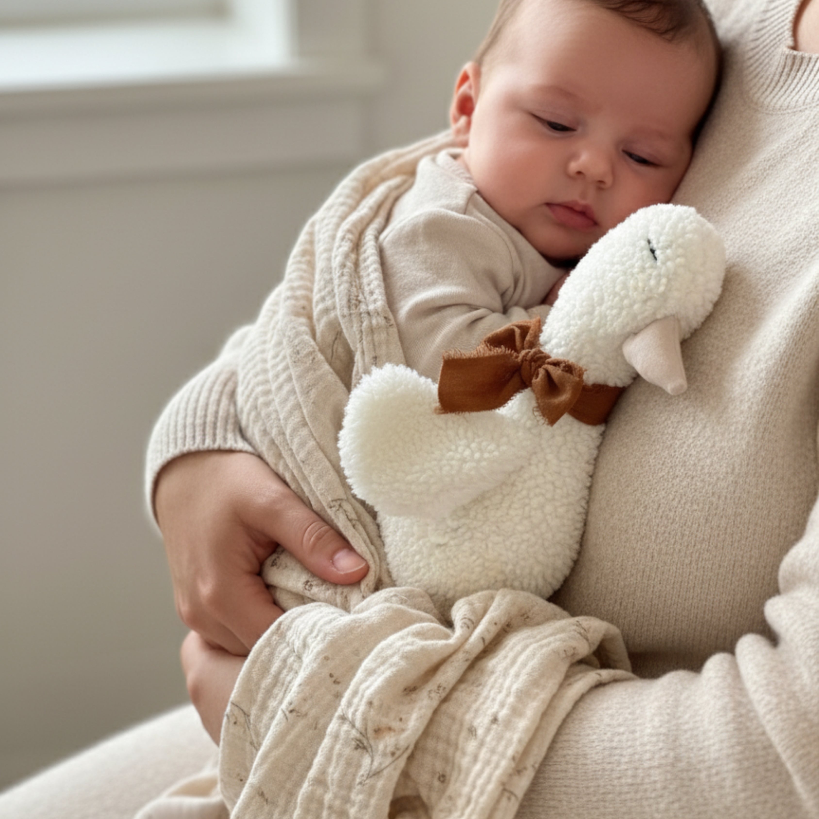 A baby resting in a parent’s arms, holding Lenny the Duck Sleep Companion — a handmade plush duck with a soft fleece texture and brown bow, symbolizing warmth and comfort.