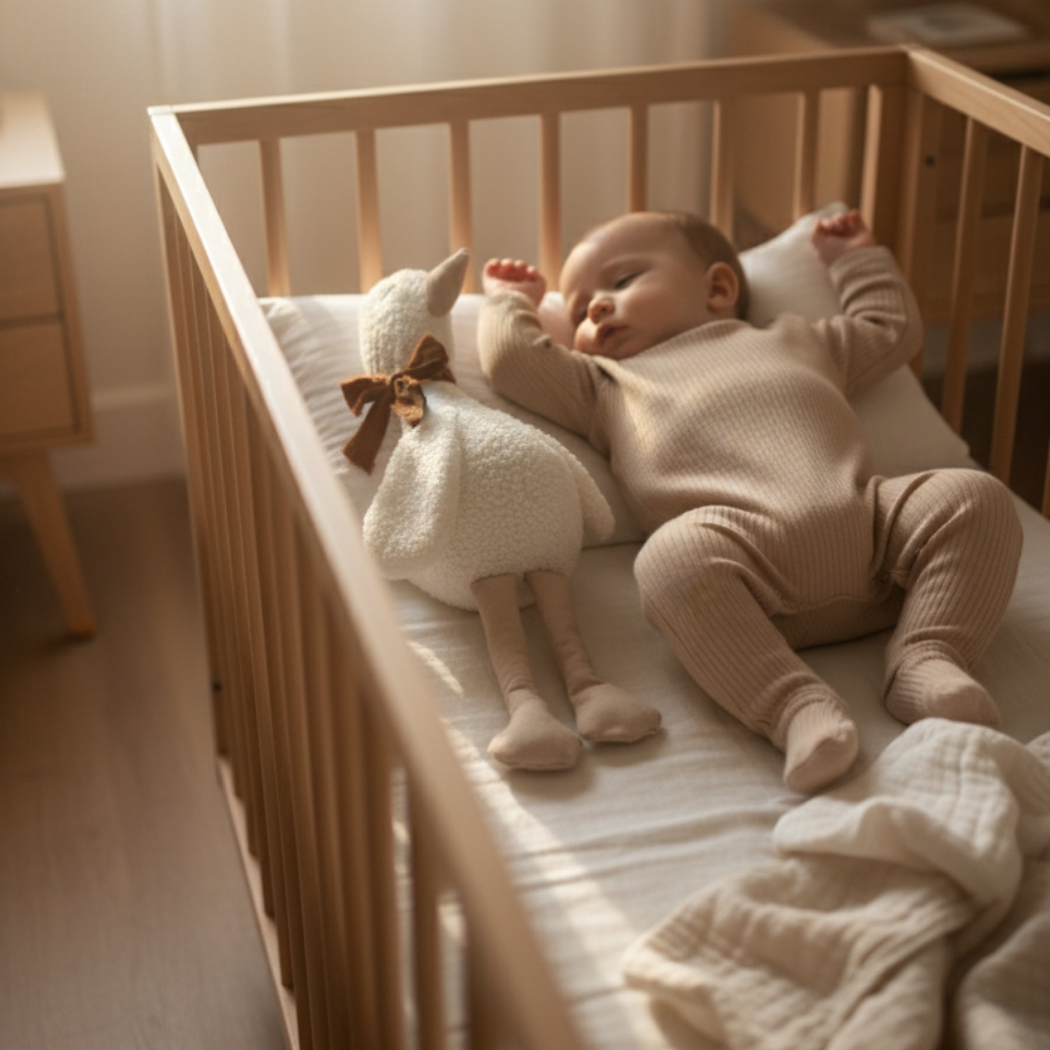 A baby resting in a wooden crib beside Lenny the Duck Sleep Companion — a handcrafted plush duck with soft wool texture and a brown bow, bathed in gentle morning light.