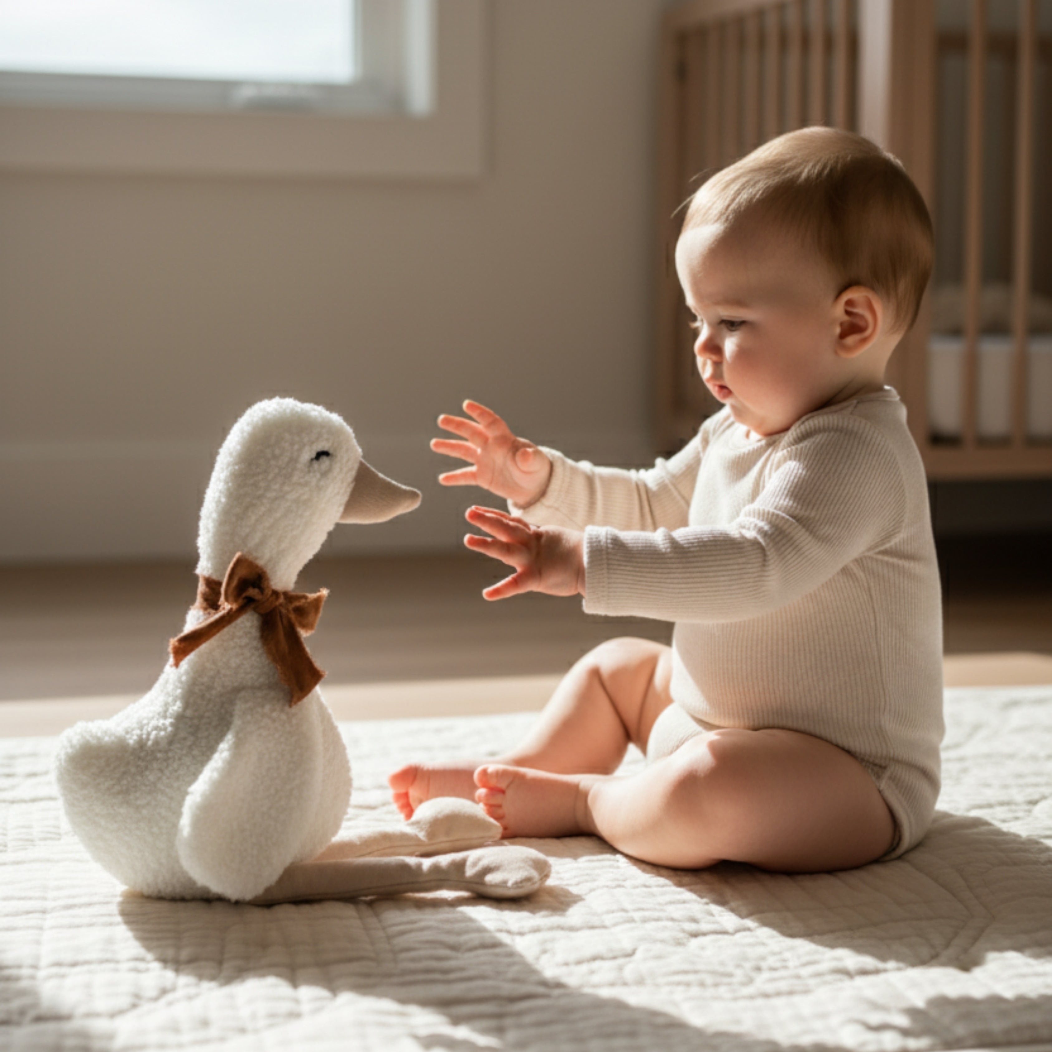 A baby sitting on a soft quilt in natural sunlight, reaching out to touch Lenny the Duck Sleep Companion — a handmade plush duck with a brown bow, in a calm neutral nursery.