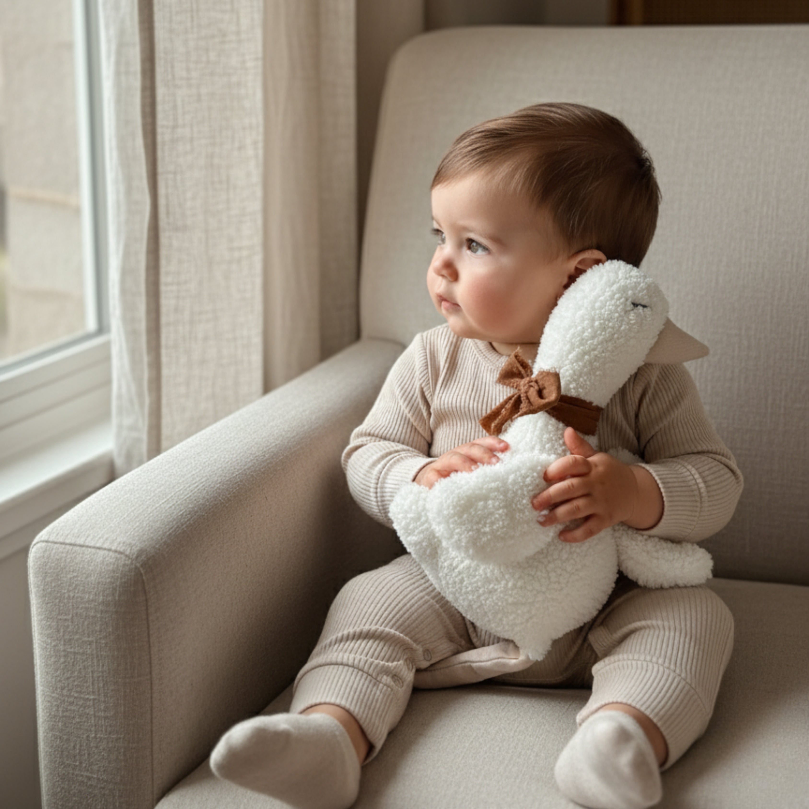 A baby sitting on a beige armchair, holding Lenny the Duck Sleep Companion — a soft handmade plush duck with a brown bow, gazing out the window in gentle morning light.