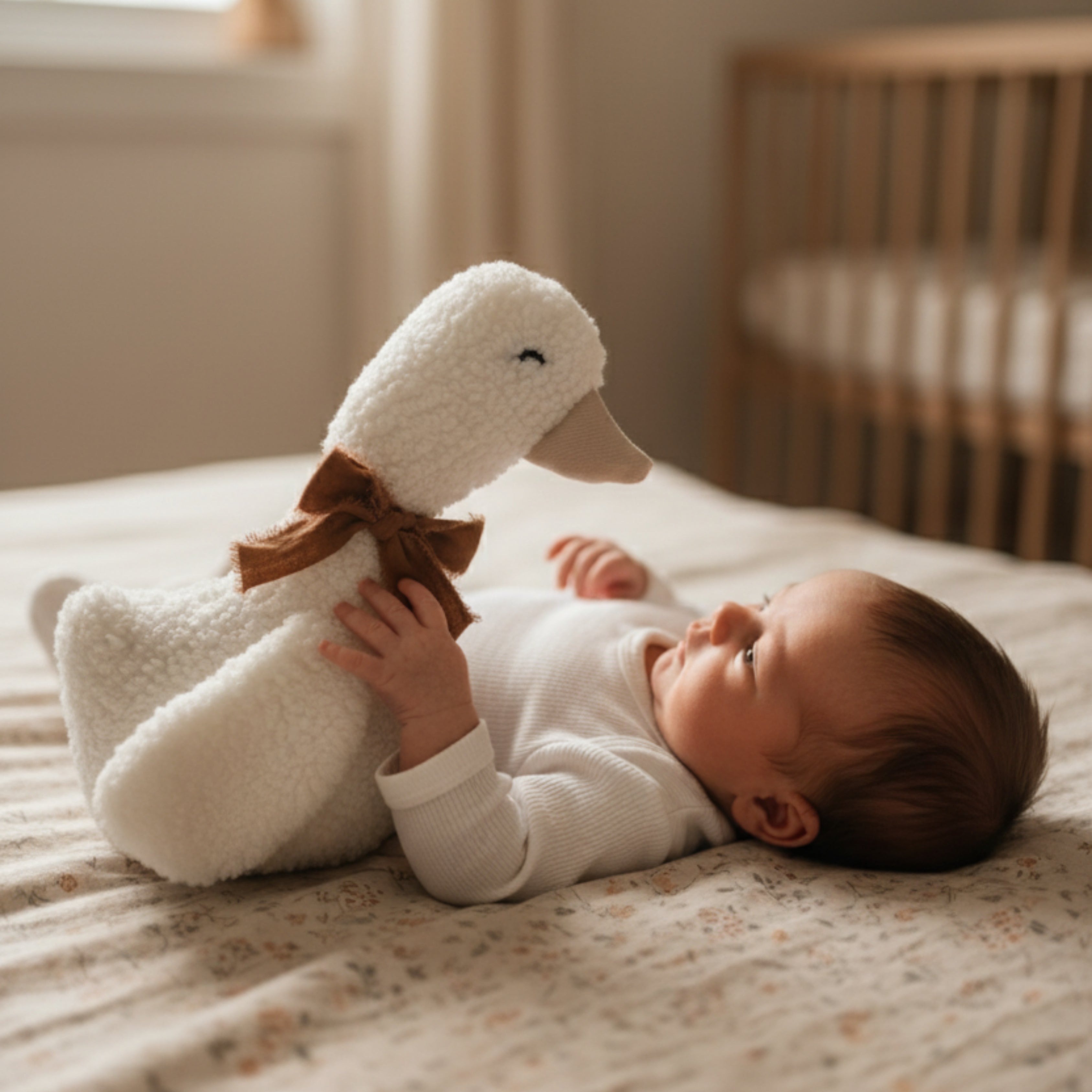 A baby lying on a soft bed, gently touching Lenny the Duck Sleep Companion — a handmade plush duck with a brown bow, bathed in warm natural light.