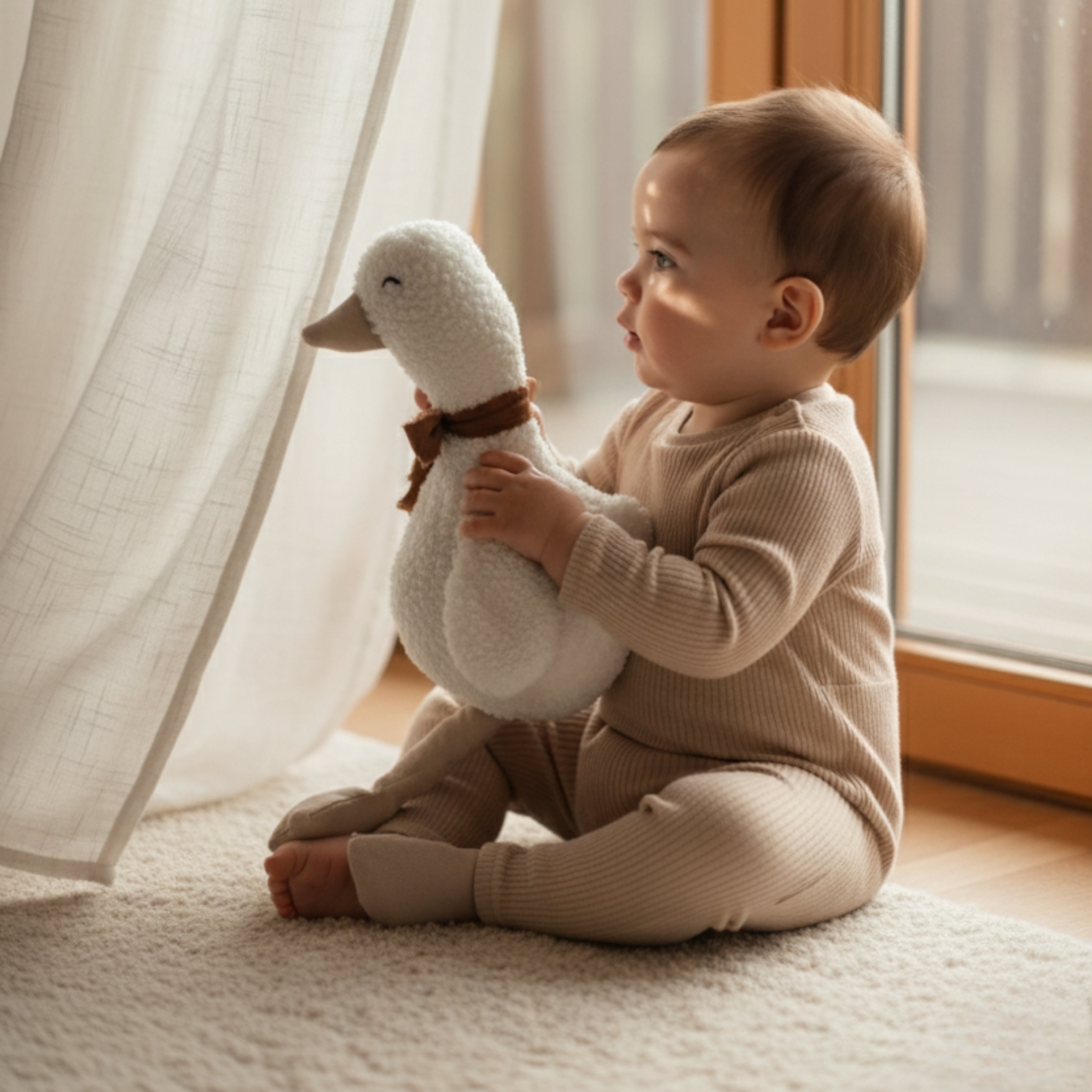 A baby sitting by a window holding Lenny the Duck Sleep Companion — a handmade plush duck with a soft wool texture and brown bow, bathed in warm natural light.