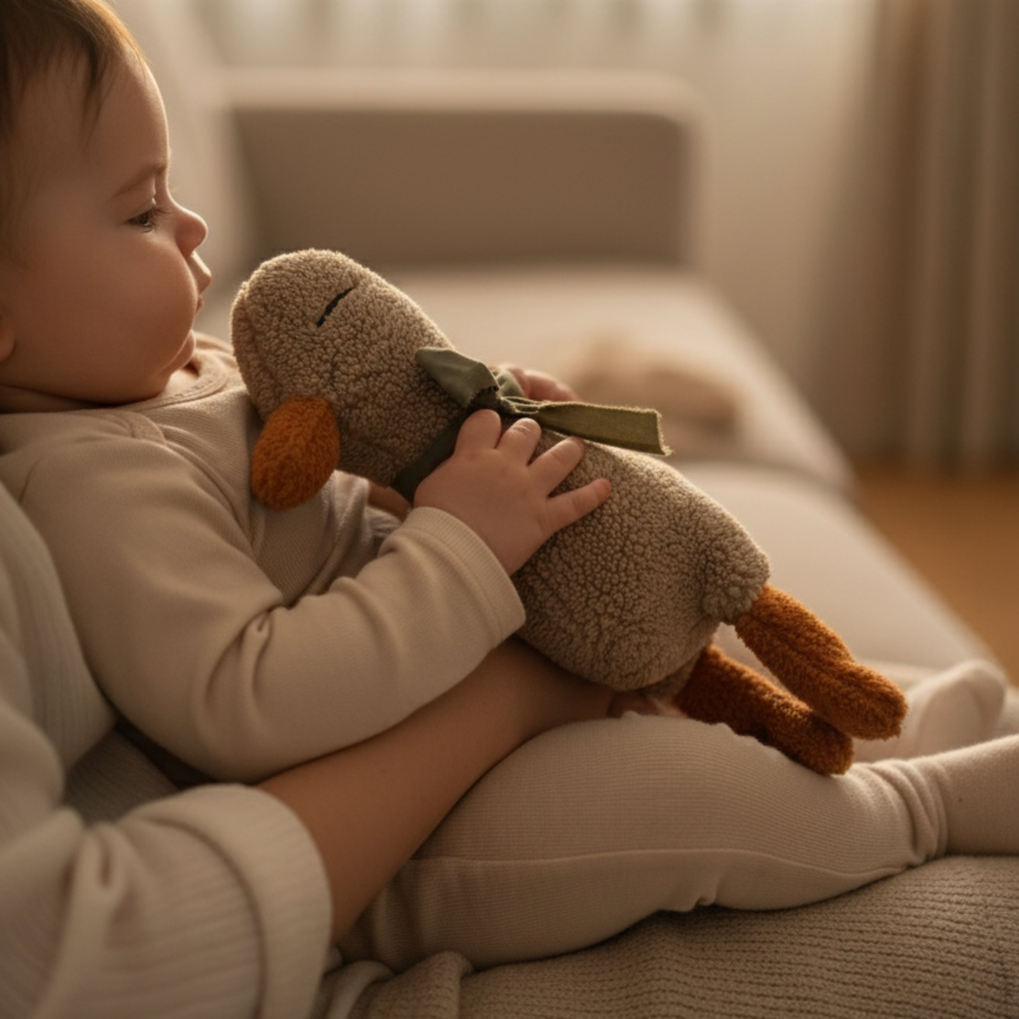 A baby holding Luna the Duck Sleep Companion while resting in a parent’s arms — a soft, organic plush toy that nurtures comfort, bonding, and calm moments before sleep.