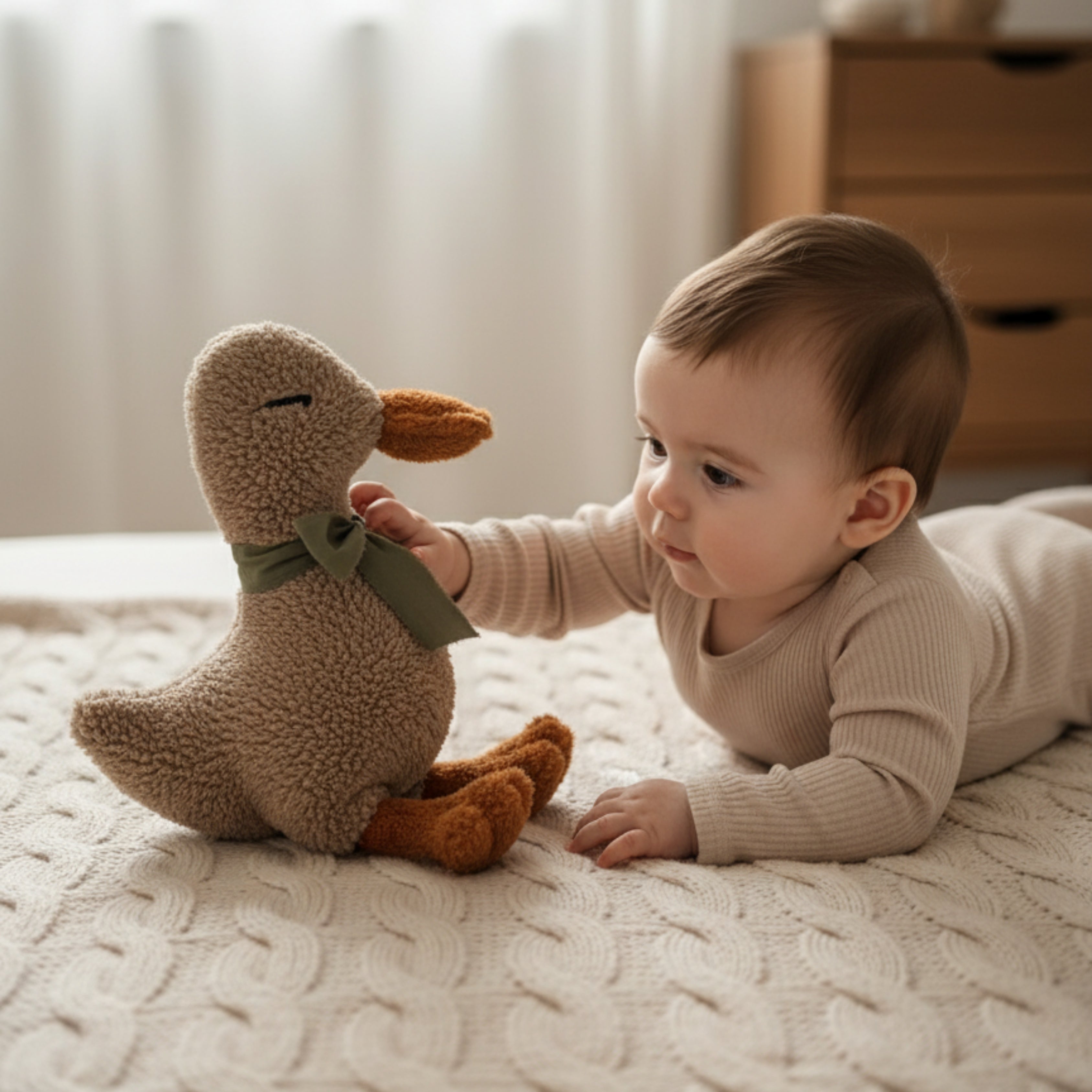 A baby gently touching Luna the Duck Sleep Companion — an organic plush comforter designed to calm and support emotional development through soft sensory play.