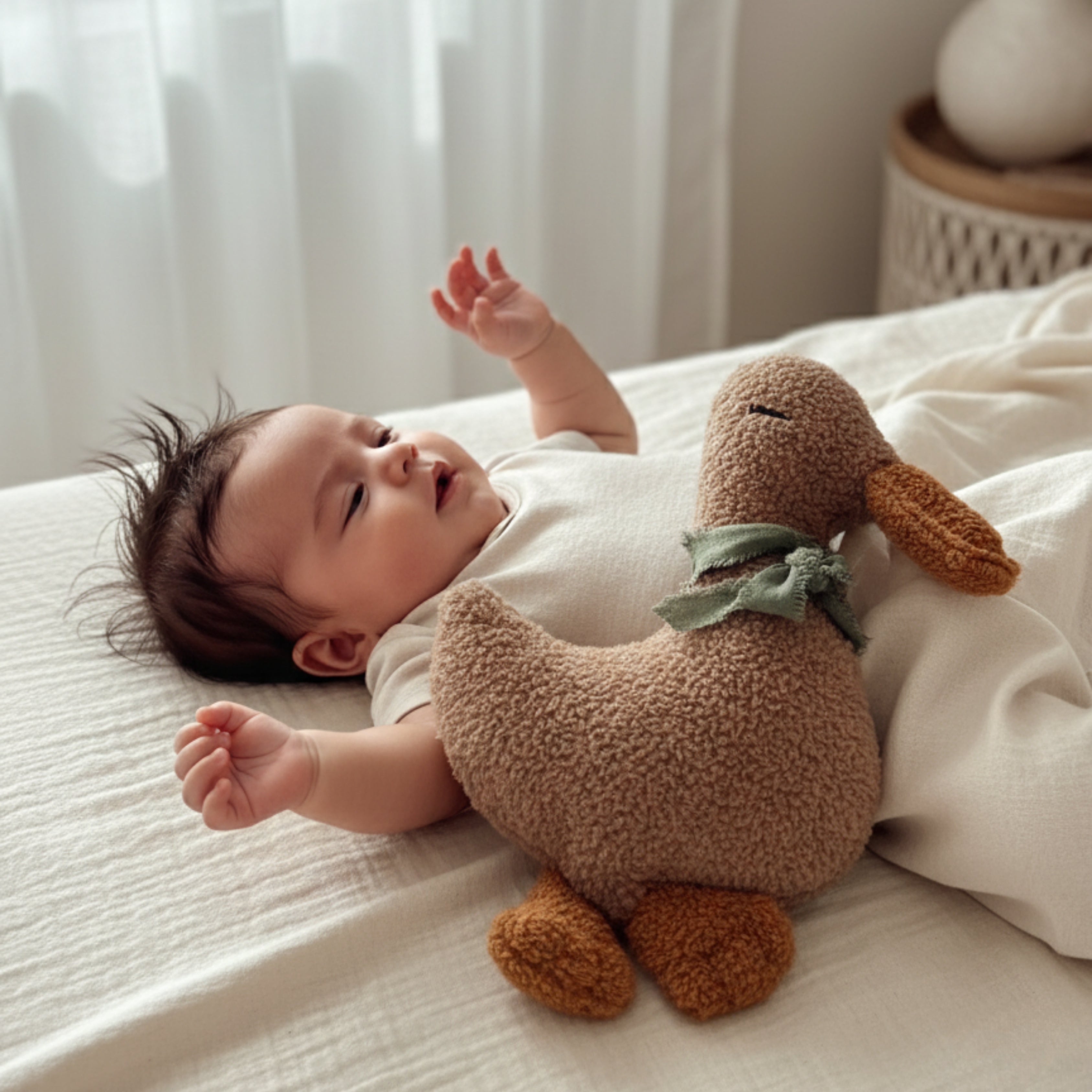 A baby resting on a soft bed with Luna the Duck Sleep Companion — an organic plush designed for calm play and soothing comfort throughout the day.