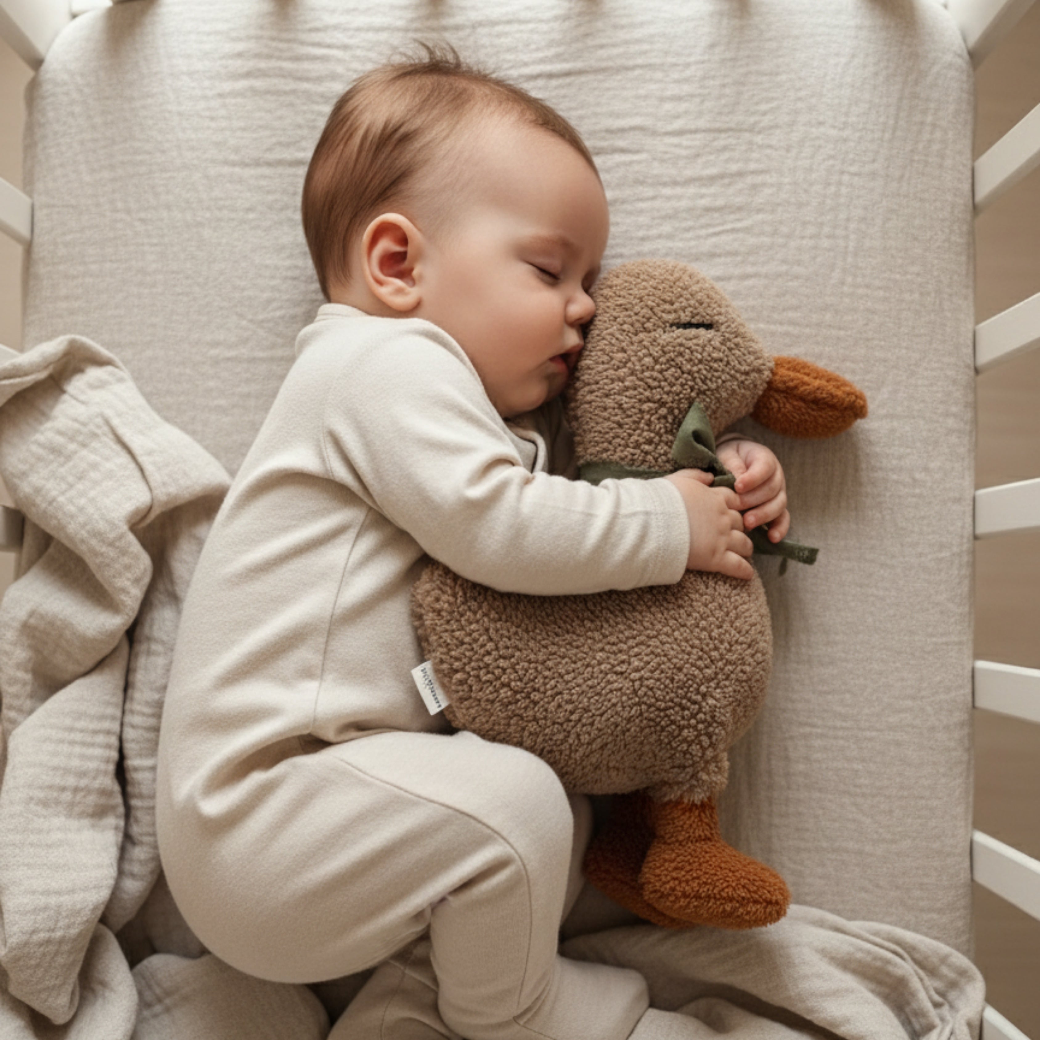A baby peacefully sleeping in a crib while cuddling Luna the Duck Sleep Companion — an organic plush designed to soothe and support restful baby sleep.