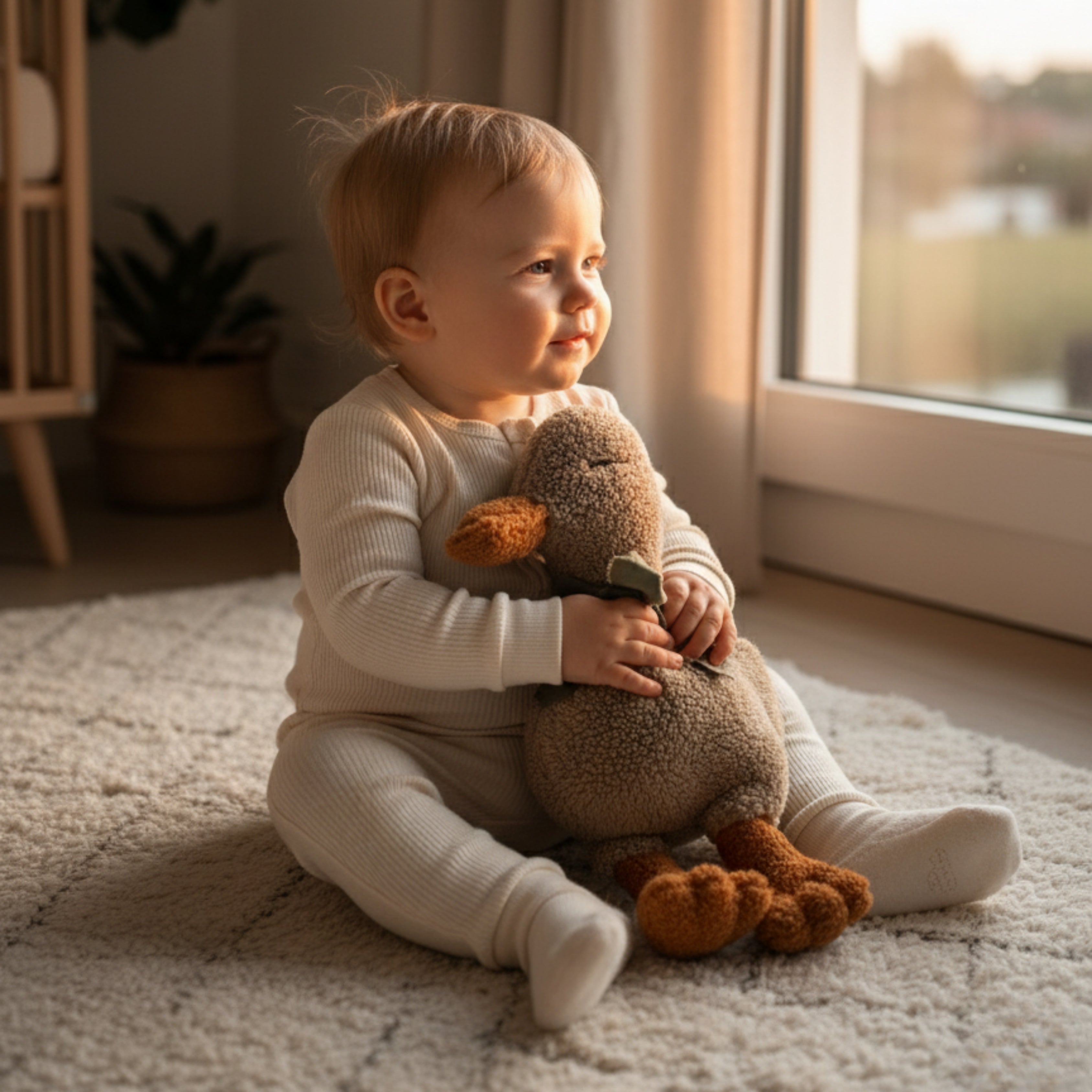 A baby sitting on a soft rug near a window, holding Luna the Duck Sleep Companion — a brown plush duck with an olive bow, bathed in warm evening light.