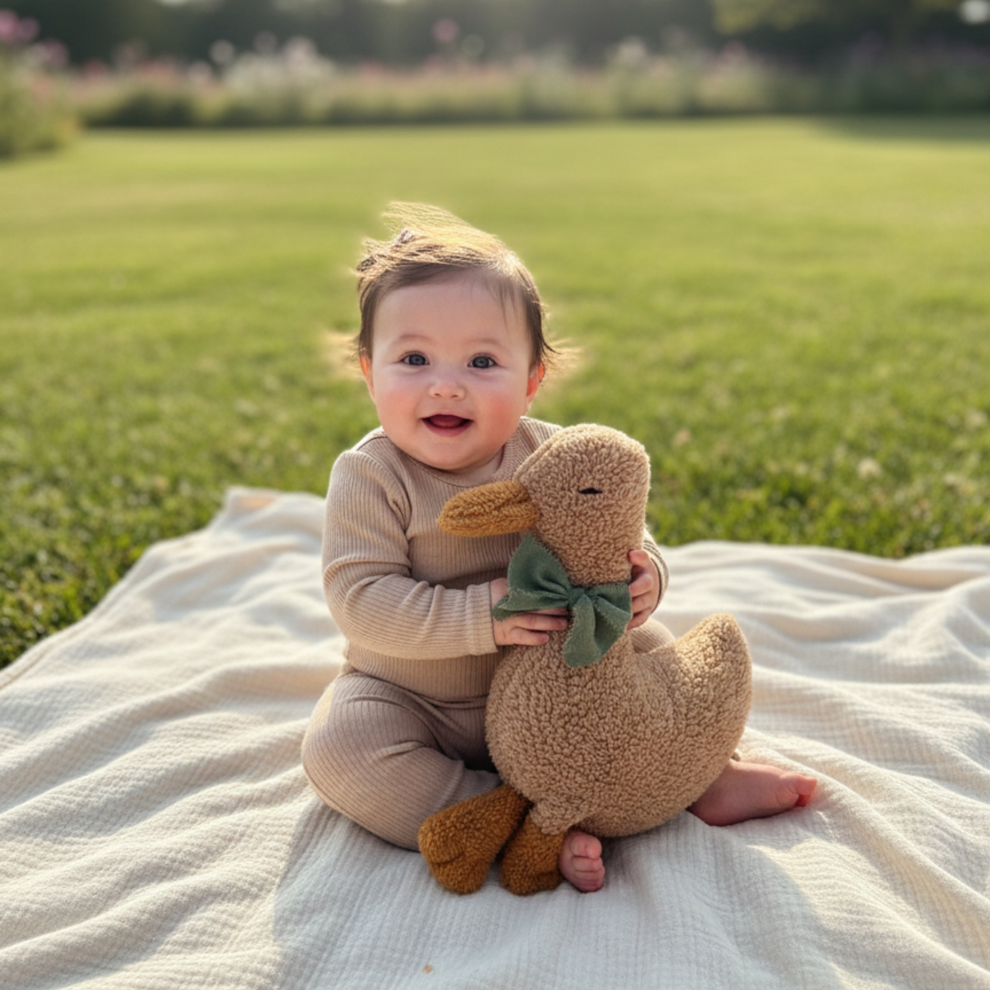 A smiling baby sitting on a soft blanket outdoors during golden hour, holding Luna the Duck Sleep Companion — a handmade plush duck with a green bow.