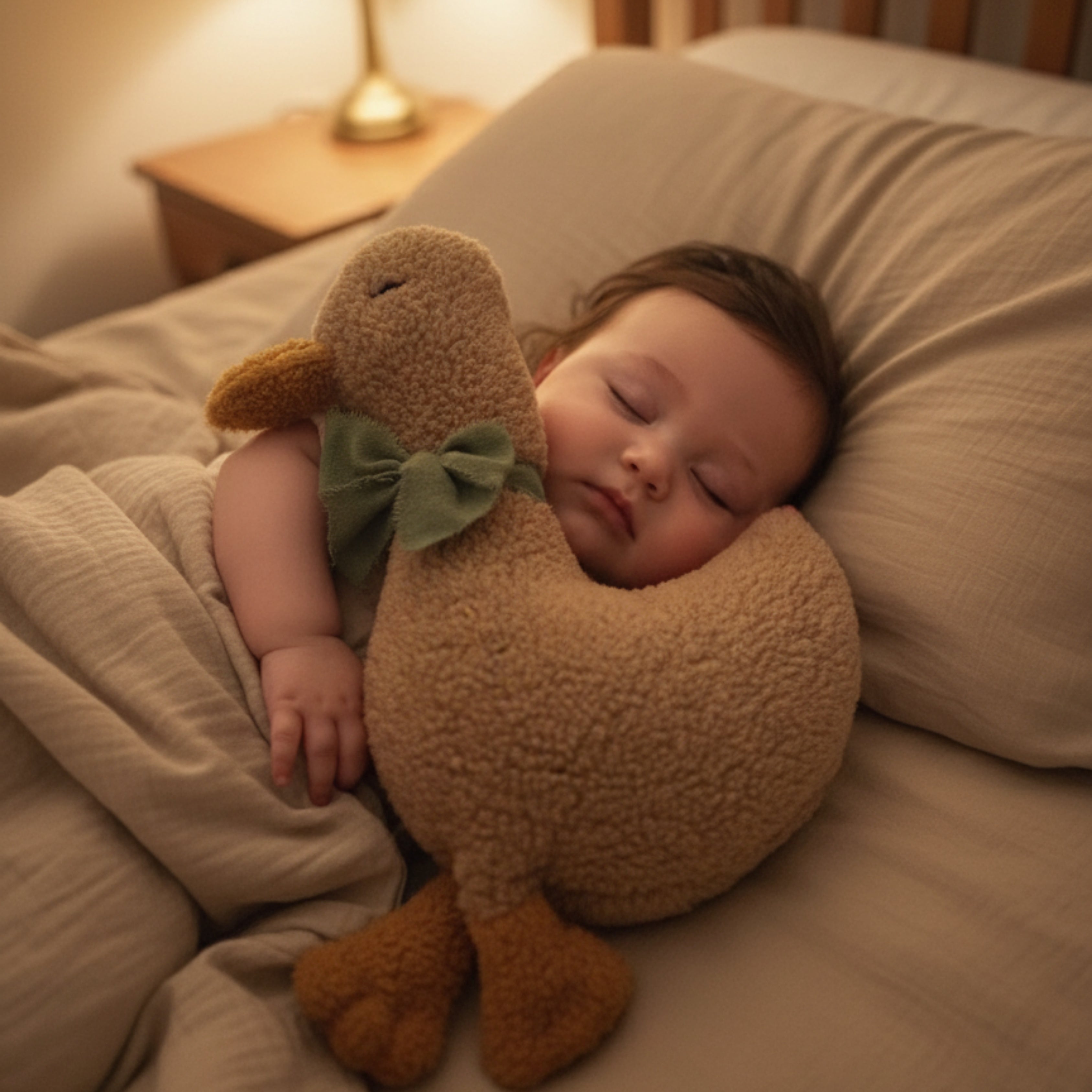 A baby peacefully sleeping in warm lamplight, holding Luna the Duck Sleep Companion — a handmade plush duck with a green bow, nestled on a soft beige bed.