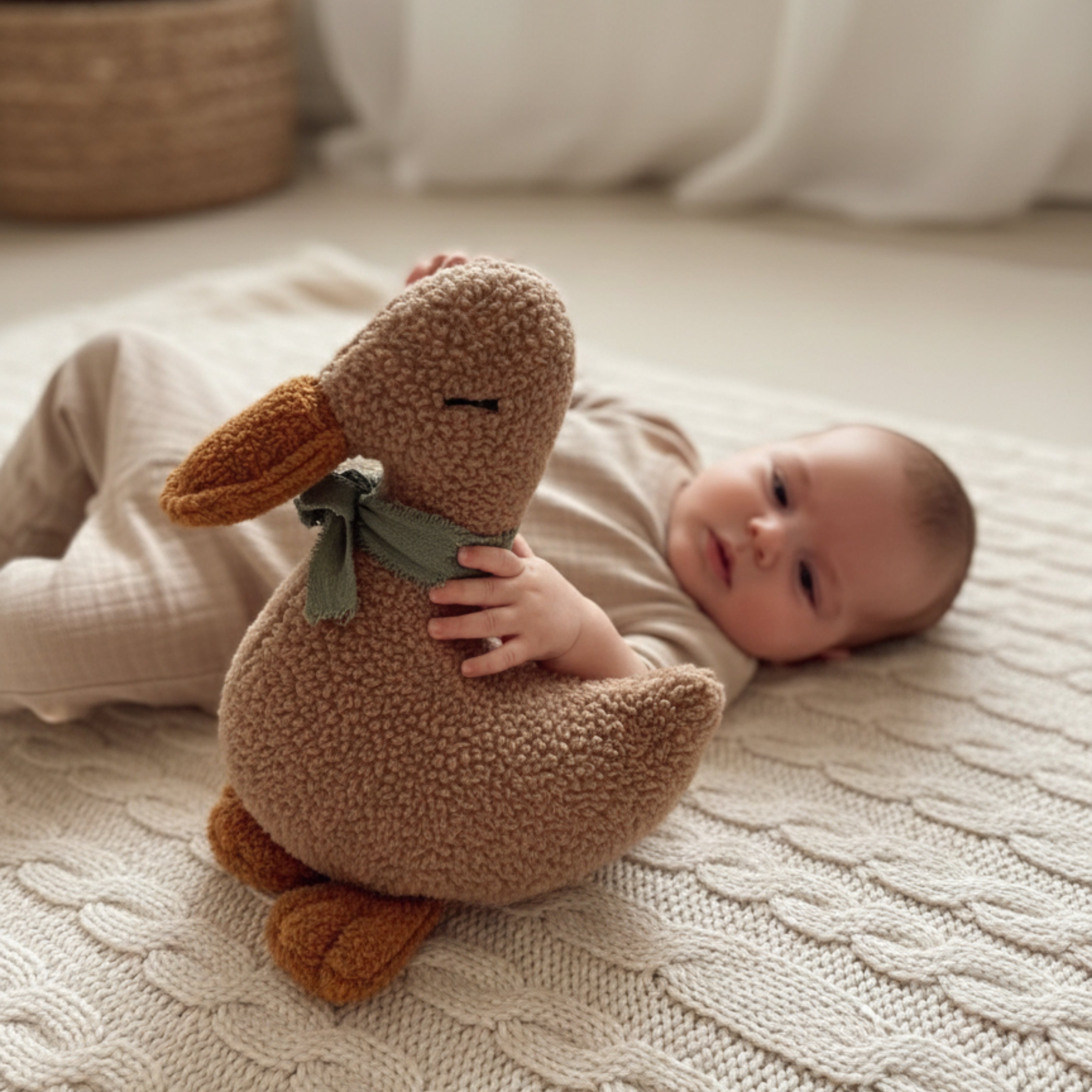 A baby lying on a soft cream knit blanket, gently holding Luna the Duck Sleep Companion — a brown handmade plush duck with a green bow, in a calm natural light setting.