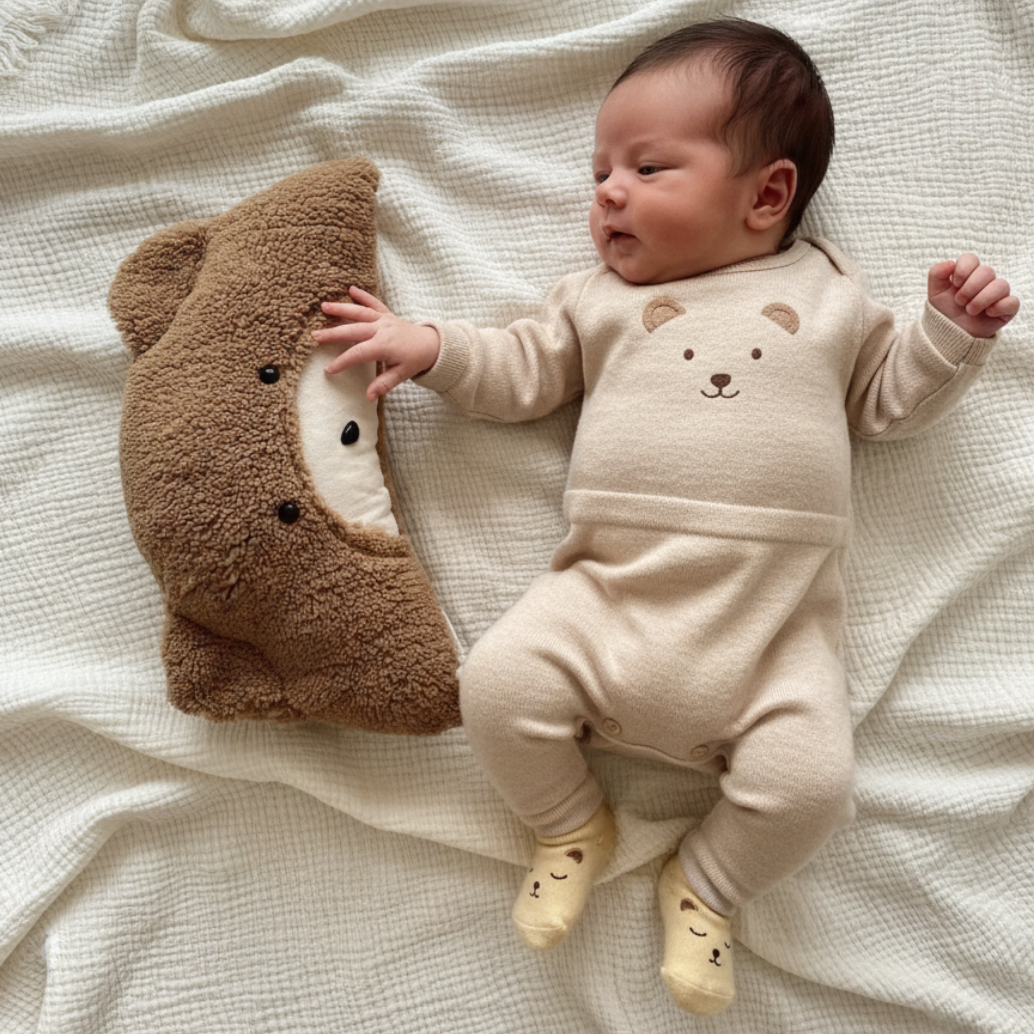 A baby lying on a soft blanket reaching toward Milo the Bear Sleep Companion — a handmade plush toy symbolizing warmth, curiosity, and early comfort.