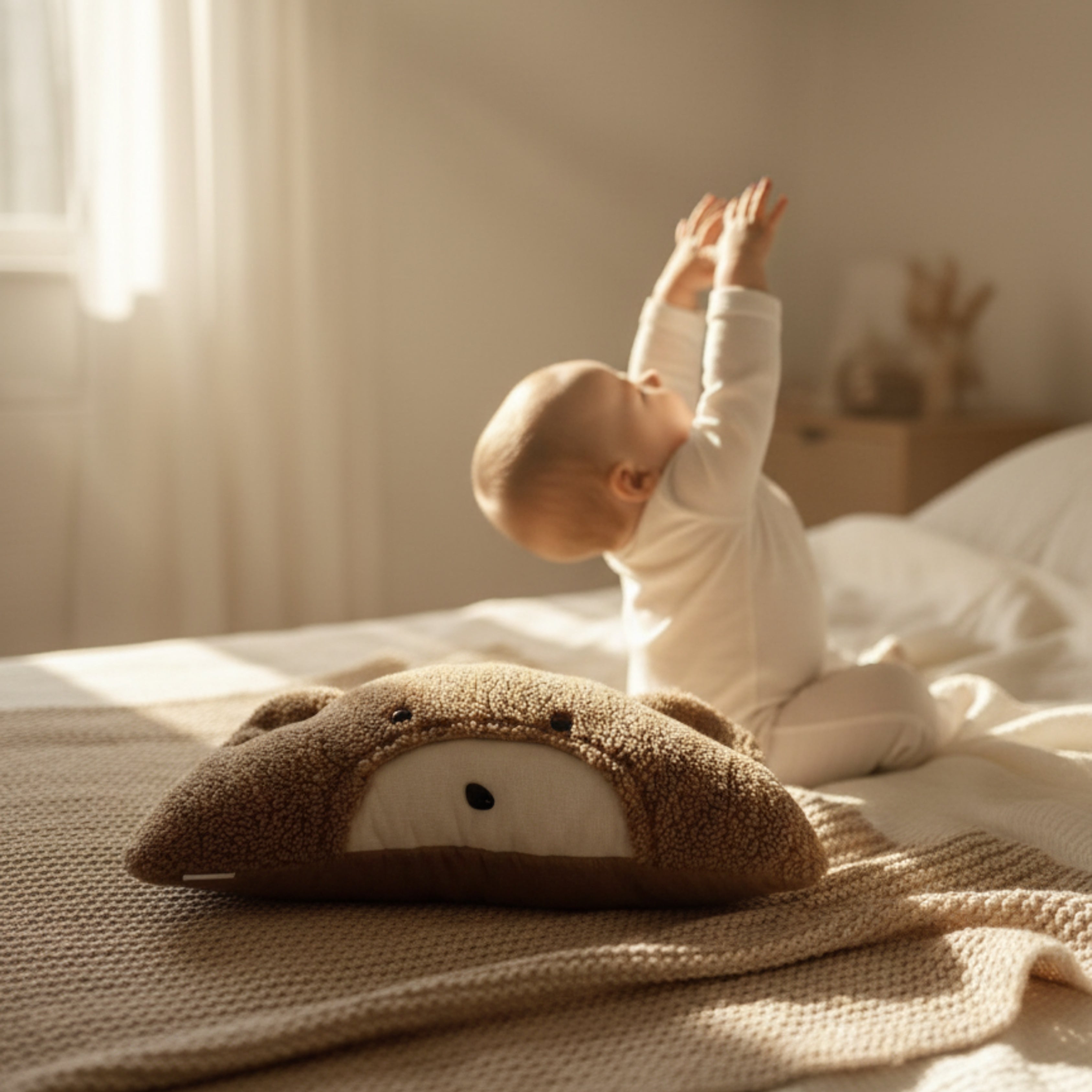 A baby sitting on a softly lit bed reaching toward the morning light, with Milo the Bear Sleep Companion beside them — a handmade plush symbolizing warmth, calm, and new beginnings.
