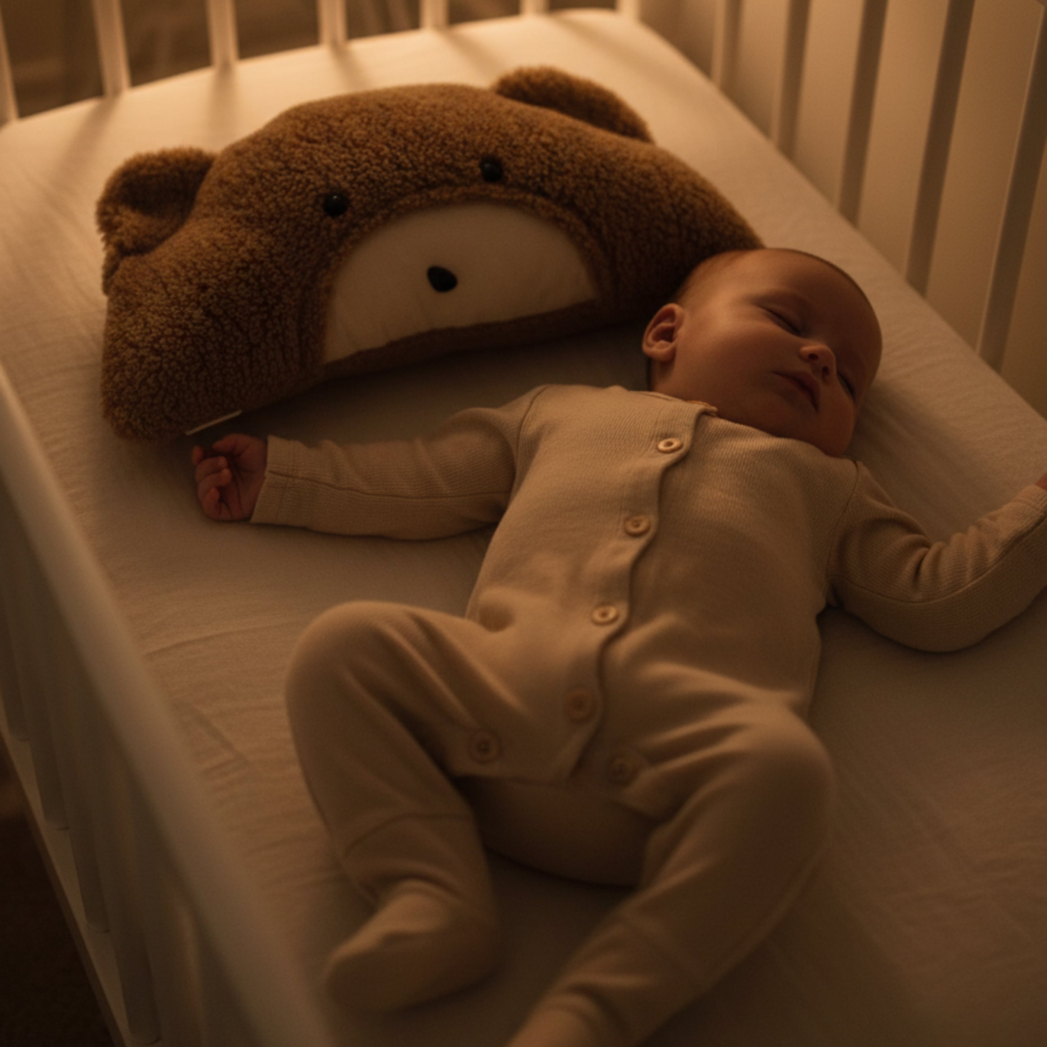 A baby peacefully sleeping in a crib at night with Milo the Bear Sleep Companion nearby — a handmade plush symbolizing gentle comfort and nighttime calm.
