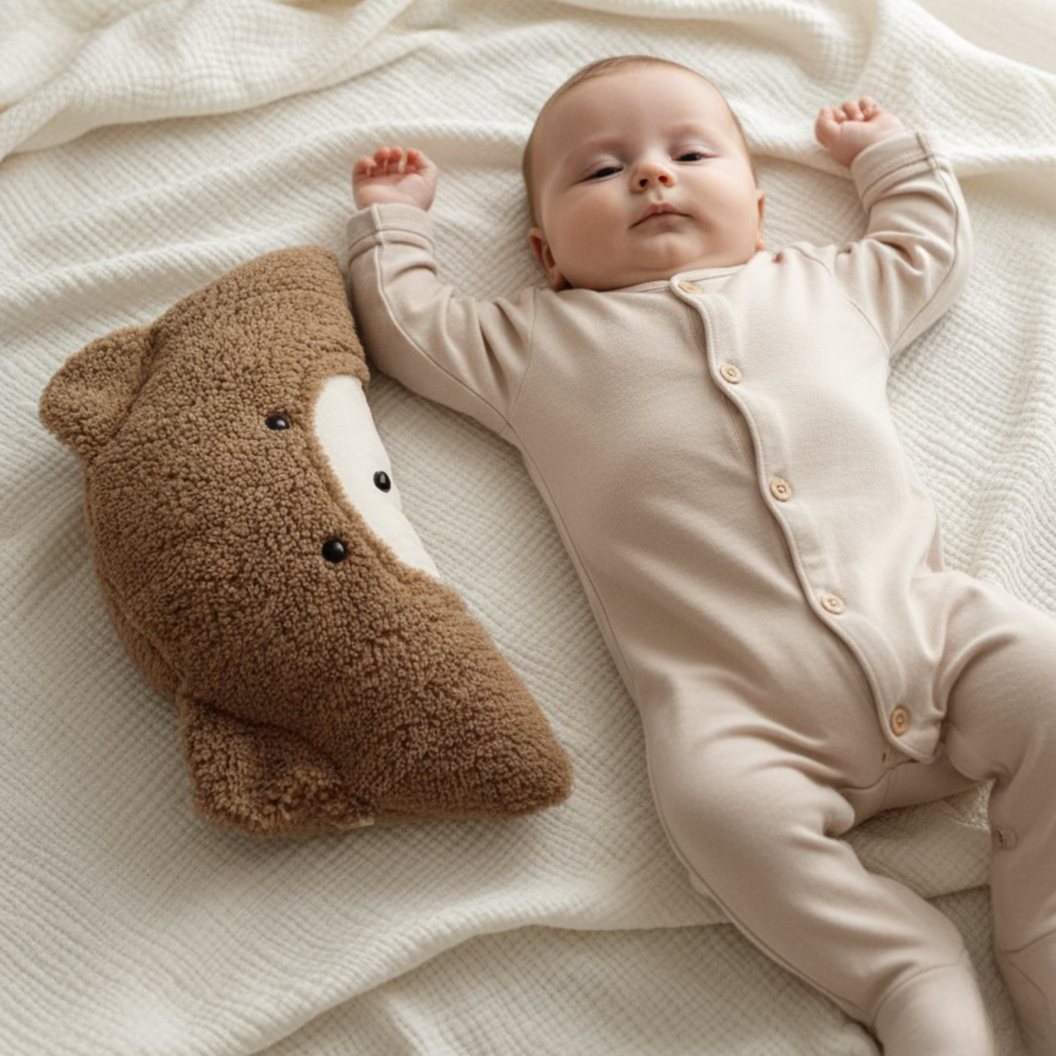 A baby resting calmly on a soft cream blanket beside Milo the Bear Sleep Companion — a handcrafted plush bear symbolizing comfort, safety, and peaceful rest.