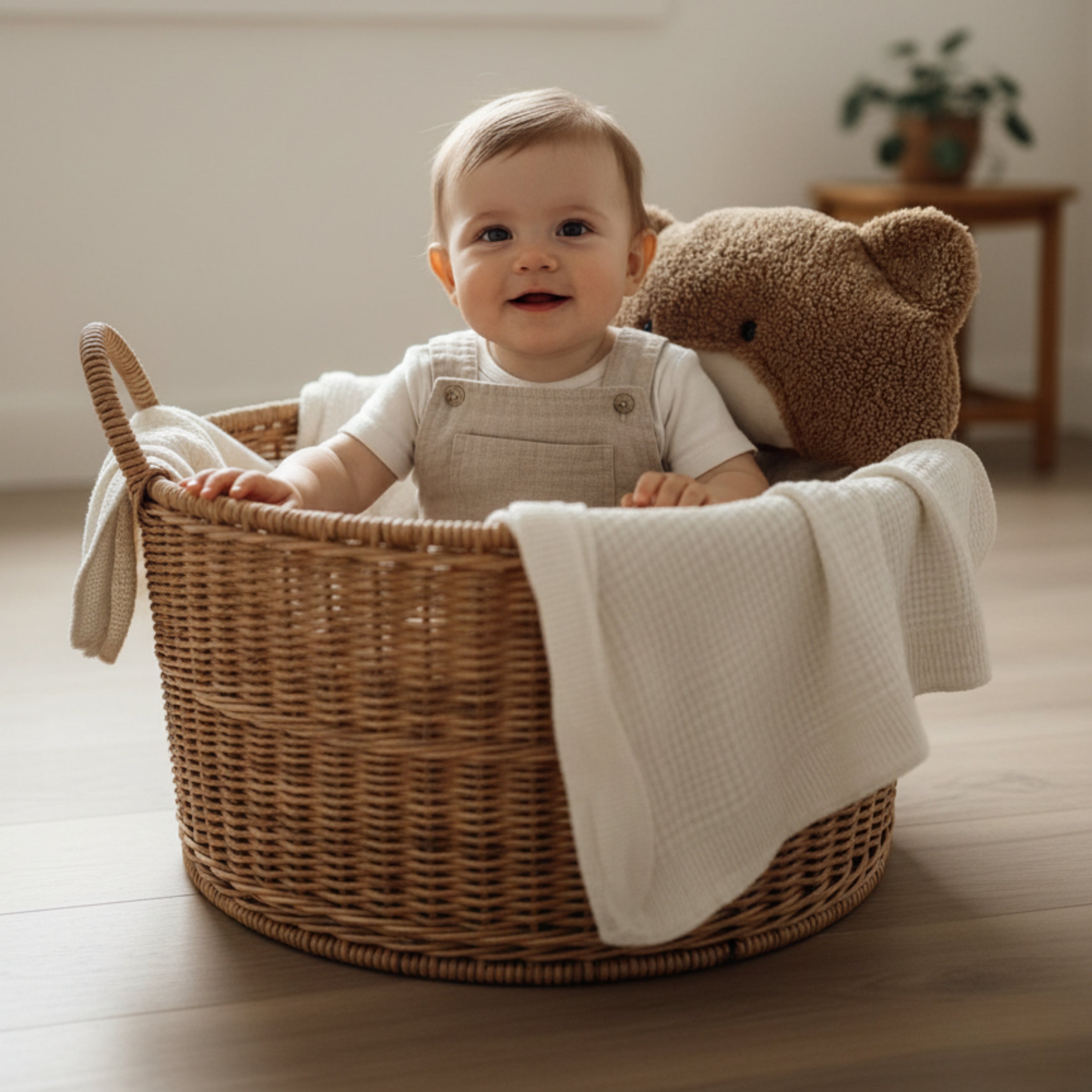 A smiling baby sitting in a woven basket with Milo the Bear Sleep Companion behind them — a handcrafted plush bear representing calm play and emotional comfort.