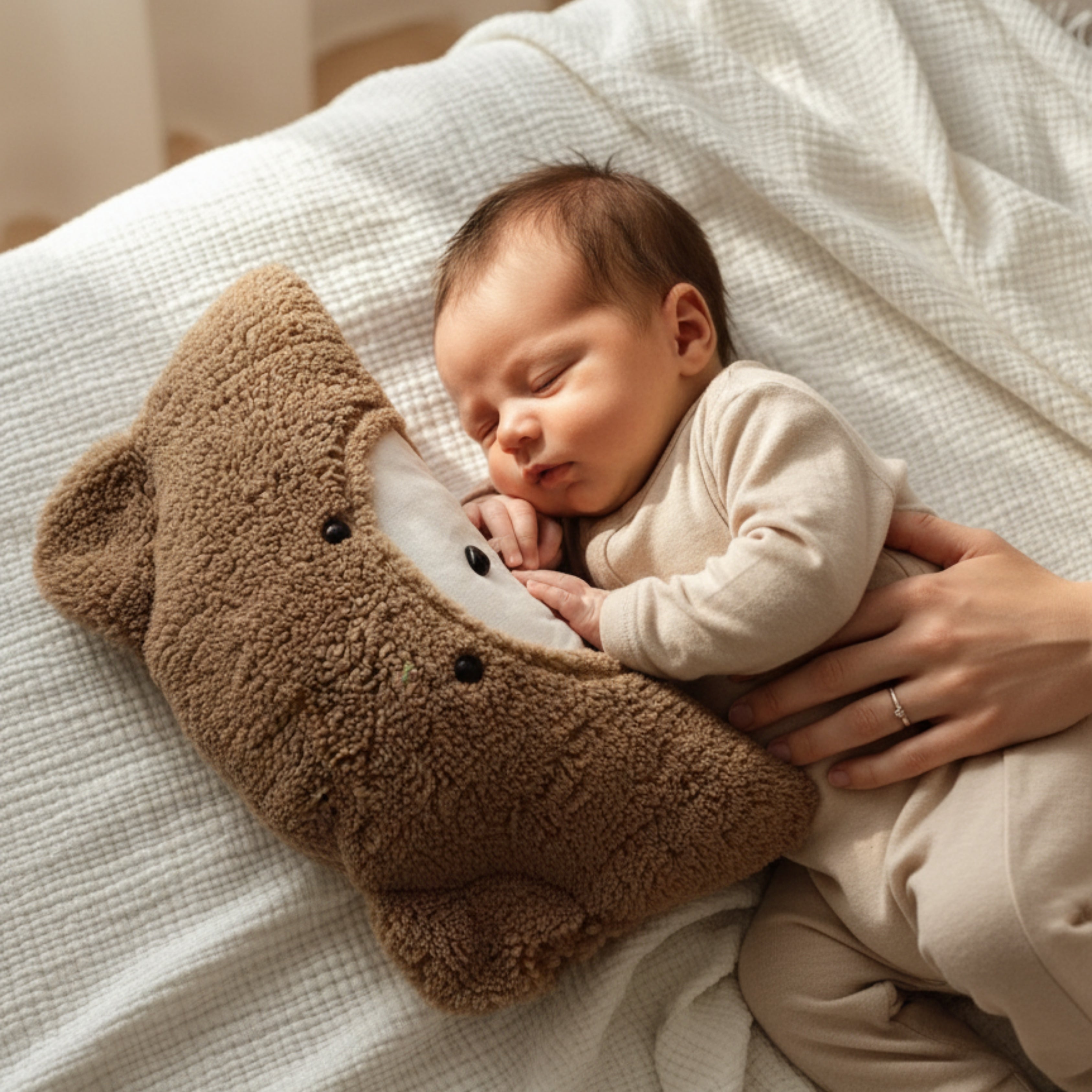 A newborn baby peacefully sleeping while cuddling Milo the Bear Sleep Companion — a soft handmade plush symbolizing warmth, comfort, and calm connection.