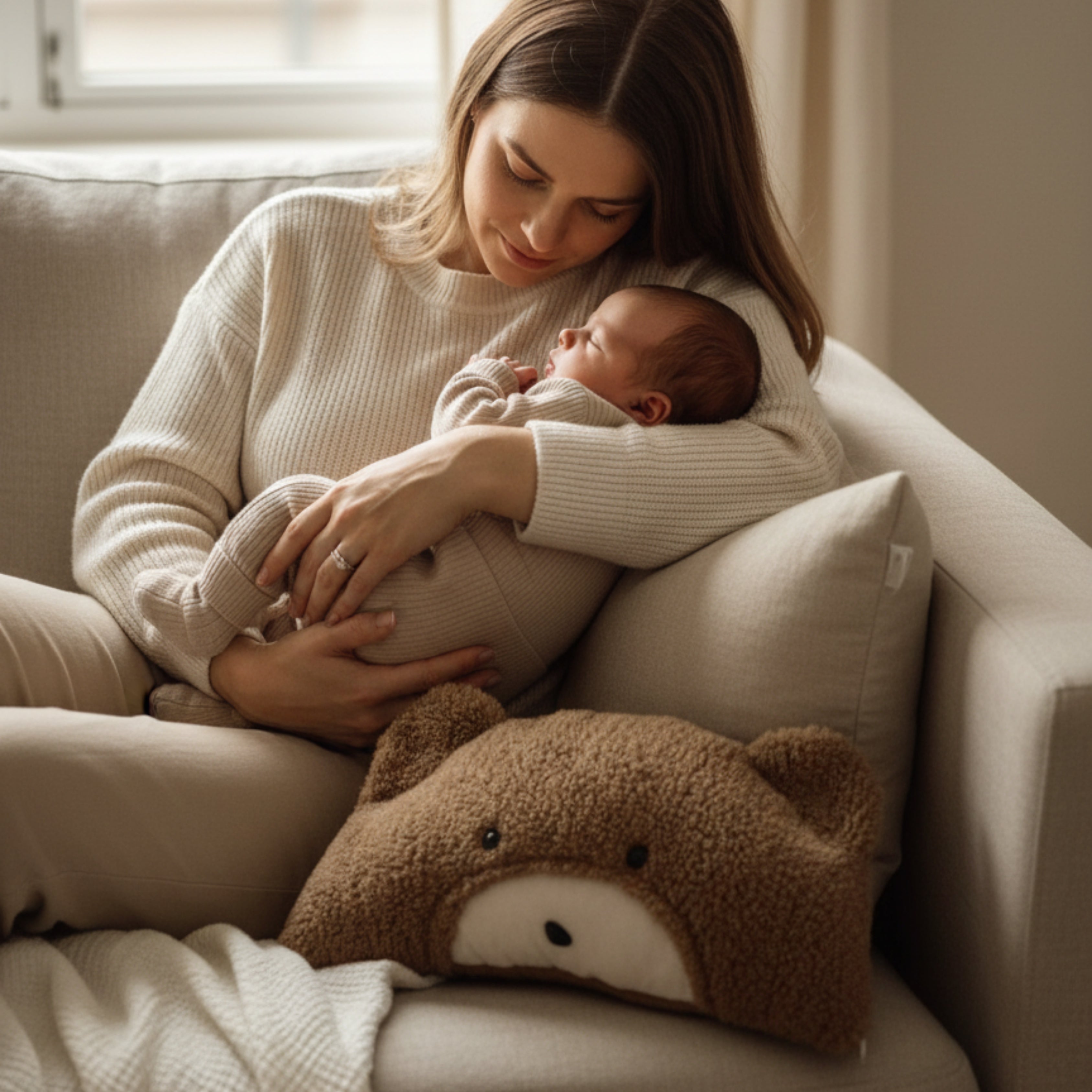 A mother gently holding her newborn on a beige sofa with Milo the Bear Sleep Companion beside them — a handmade plush symbolizing warmth, peace, and emotional connection.