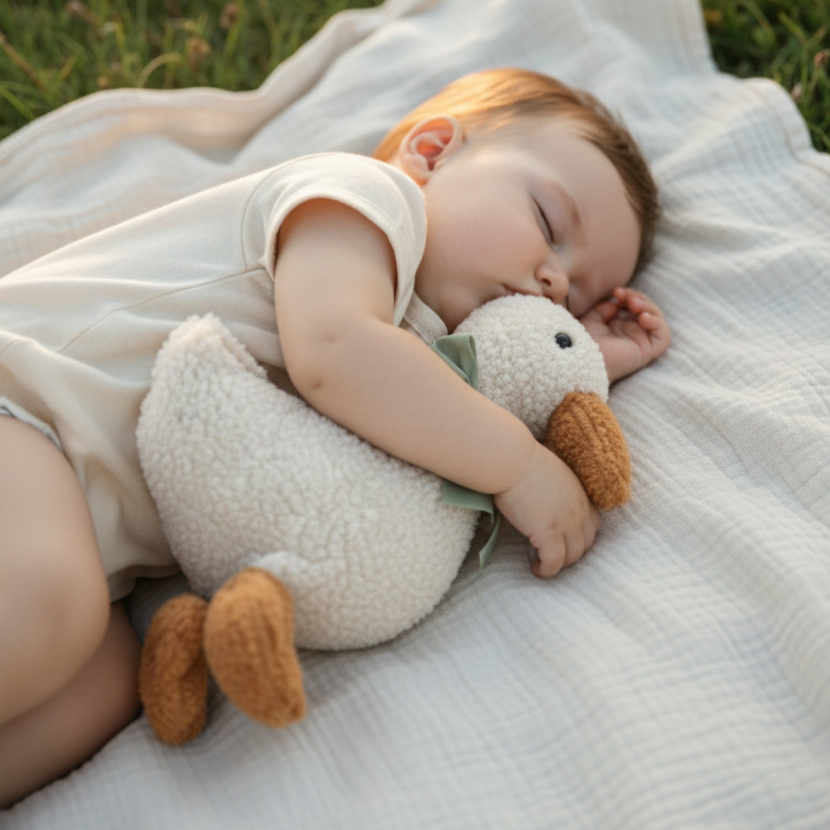A baby peacefully sleeping outdoors while hugging Minilu the Goose Sleep Companion — an organic plush that offers warmth, safety, and emotional calm.
