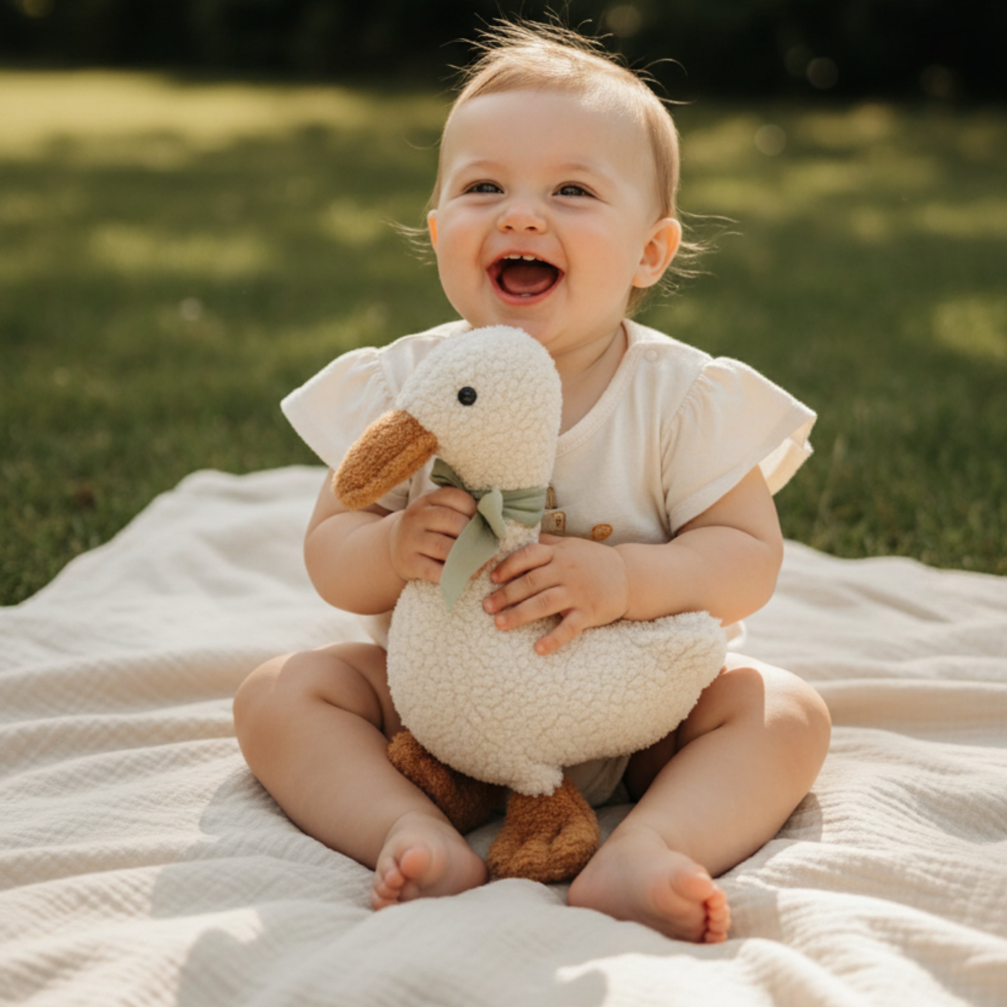 A baby laughing joyfully while holding Minilu the Goose Sleep Companion — an organic plush designed to bring comfort, calm, and emotional security.